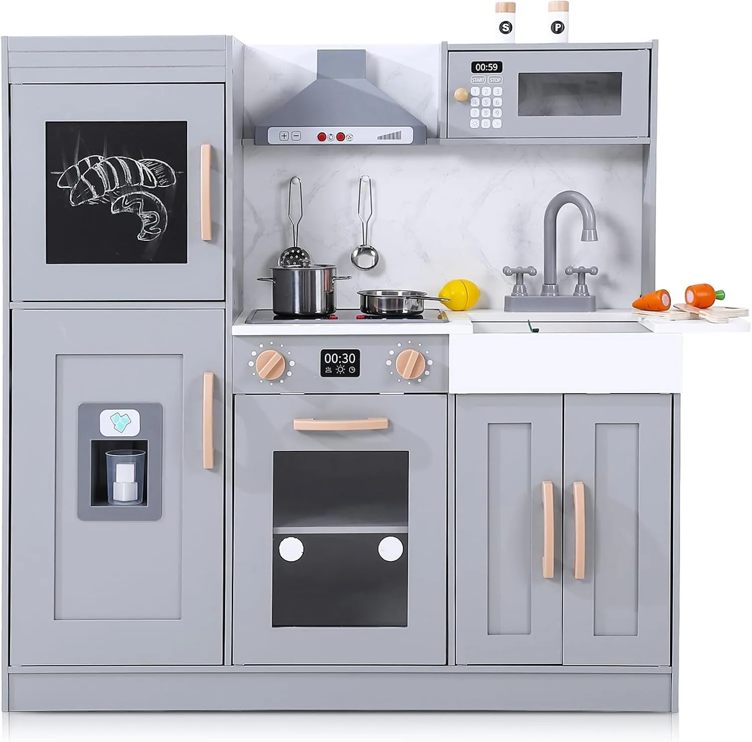 and Girls Wooden Play Kitchen$ Kids Kitchen Playset with Microwave$ Oven$ Sink$ Real Lights & Sounds$Wooden Chef Pretend Japanese Play Set for Boys 