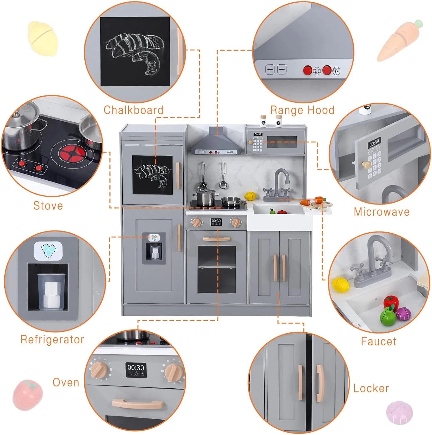 and Girls Wooden Play Kitchen$ Kids Kitchen Playset with Microwave$ Oven$ Sink$ Real Lights & Sounds$Wooden Chef Pretend Japanese Play Set for Boys 