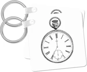 and white vintage pocket foreign watch - steampunk old-fashioned victorian pocketwatch drawing print, Key Chain 3dRose, Black 