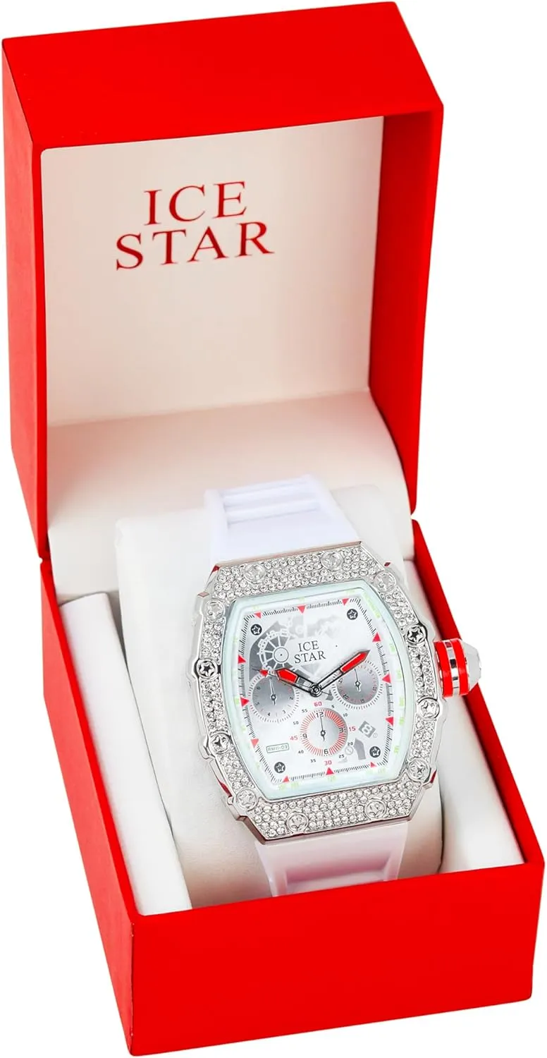 apportionment nss Out Tonneau Shape Watch$ Silicone Band ICE STAR Men's 45mm Iced 