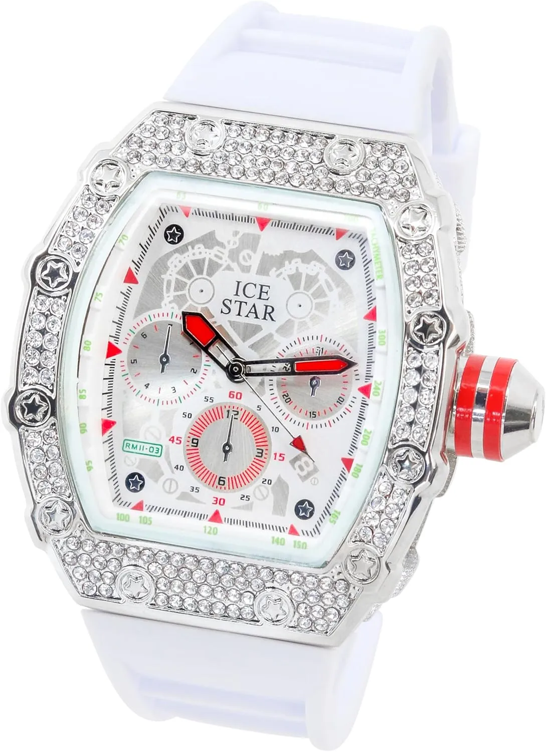 apportionment nss Out Tonneau Shape Watch$ Silicone Band ICE STAR Men's 45mm Iced 