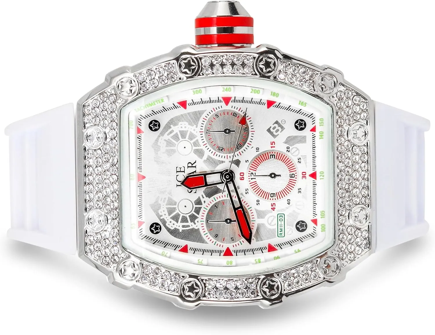 apportionment nss Out Tonneau Shape Watch$ Silicone Band ICE STAR Men's 45mm Iced 