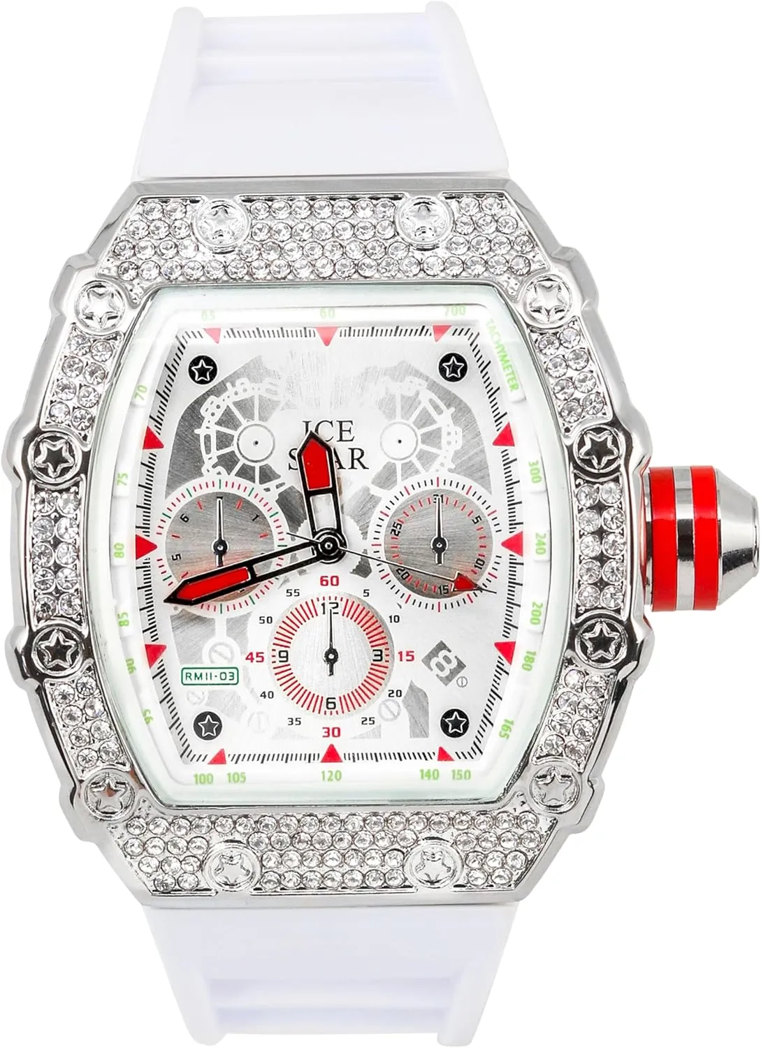 apportionment nss Out Tonneau Shape Watch$ Silicone Band ICE STAR Men's 45mm Iced 