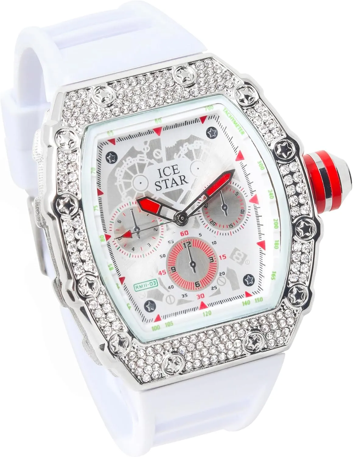 apportionment nss Out Tonneau Shape Watch$ Silicone Band ICE STAR Men's 45mm Iced 
