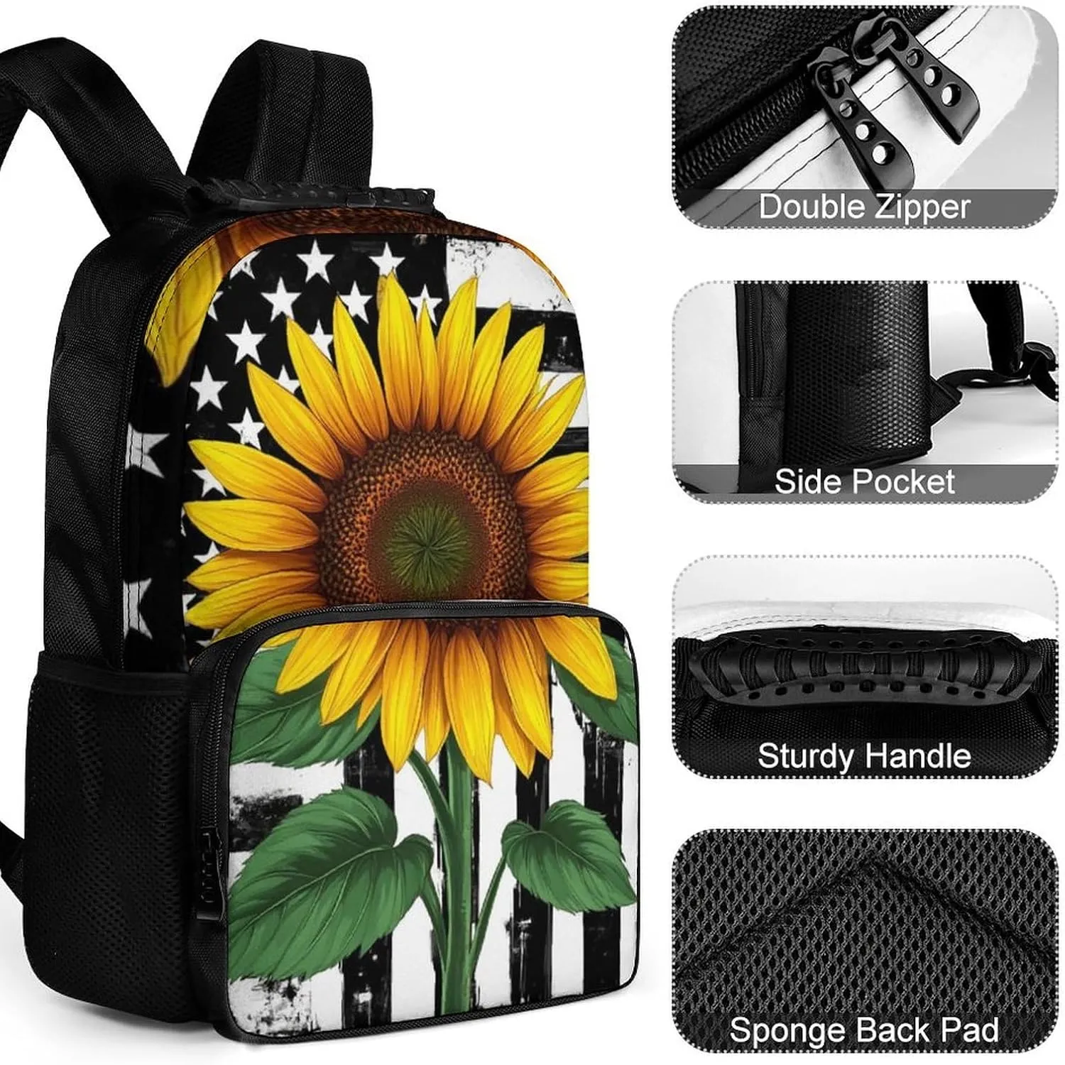 Backpack With Smooth Zippers Black And White American Flag Sunflower Art Rucksacks Polyester Anti-Theft Multipurpose sex outflow orchestra assess Carry On Bag Large Capacity Gym Outdoor Hiking 