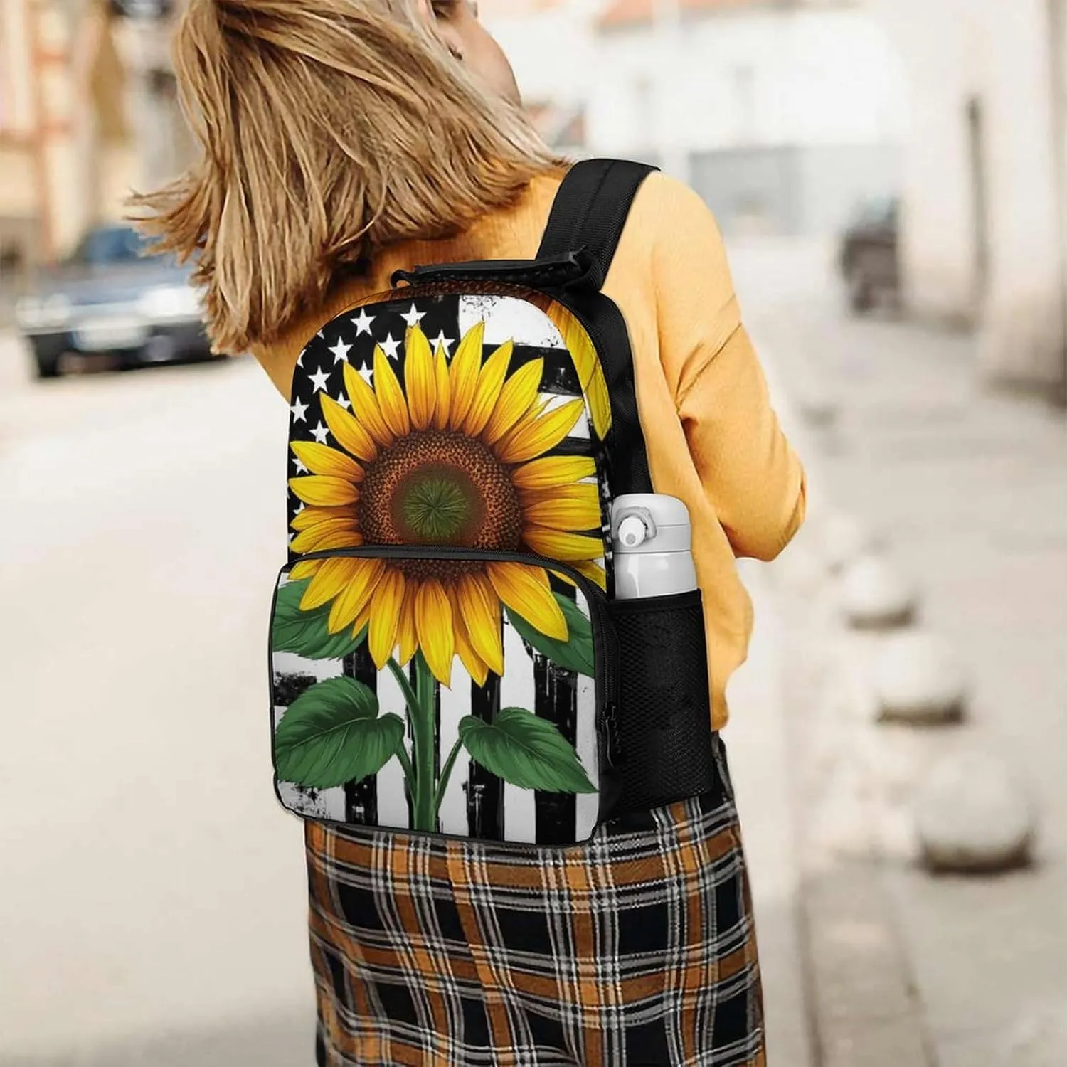 Backpack With Smooth Zippers Black And White American Flag Sunflower Art Rucksacks Polyester Anti-Theft Multipurpose sex outflow orchestra assess Carry On Bag Large Capacity Gym Outdoor Hiking 