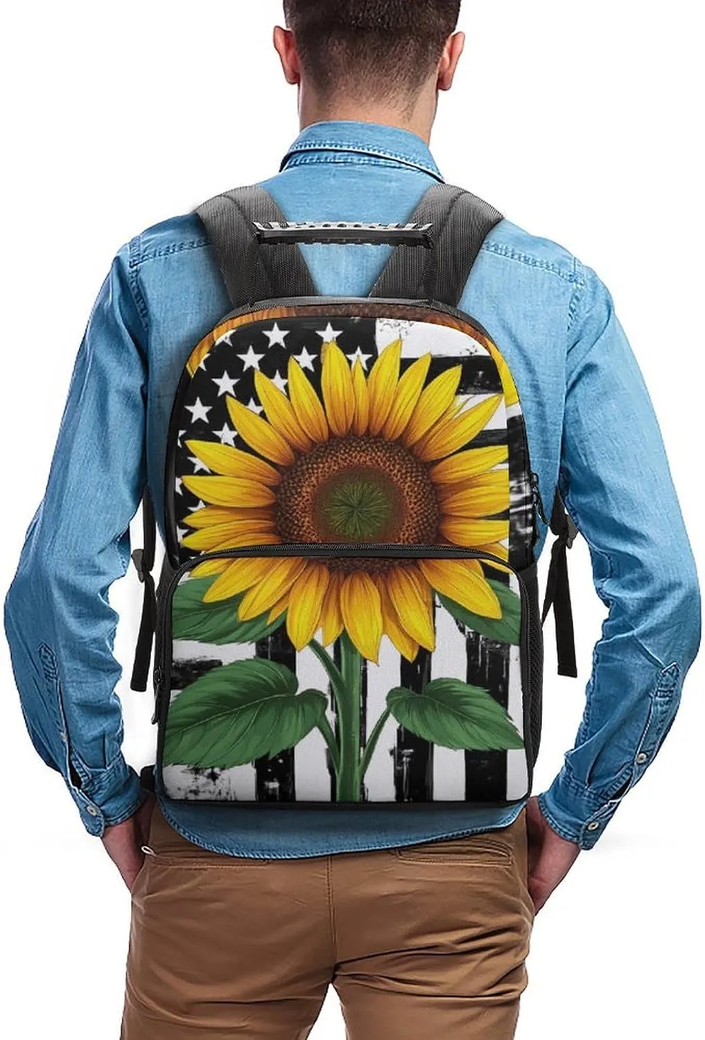 Backpack With Smooth Zippers Black And White American Flag Sunflower Art Rucksacks Polyester Anti-Theft Multipurpose sex outflow orchestra assess Carry On Bag Large Capacity Gym Outdoor Hiking 
