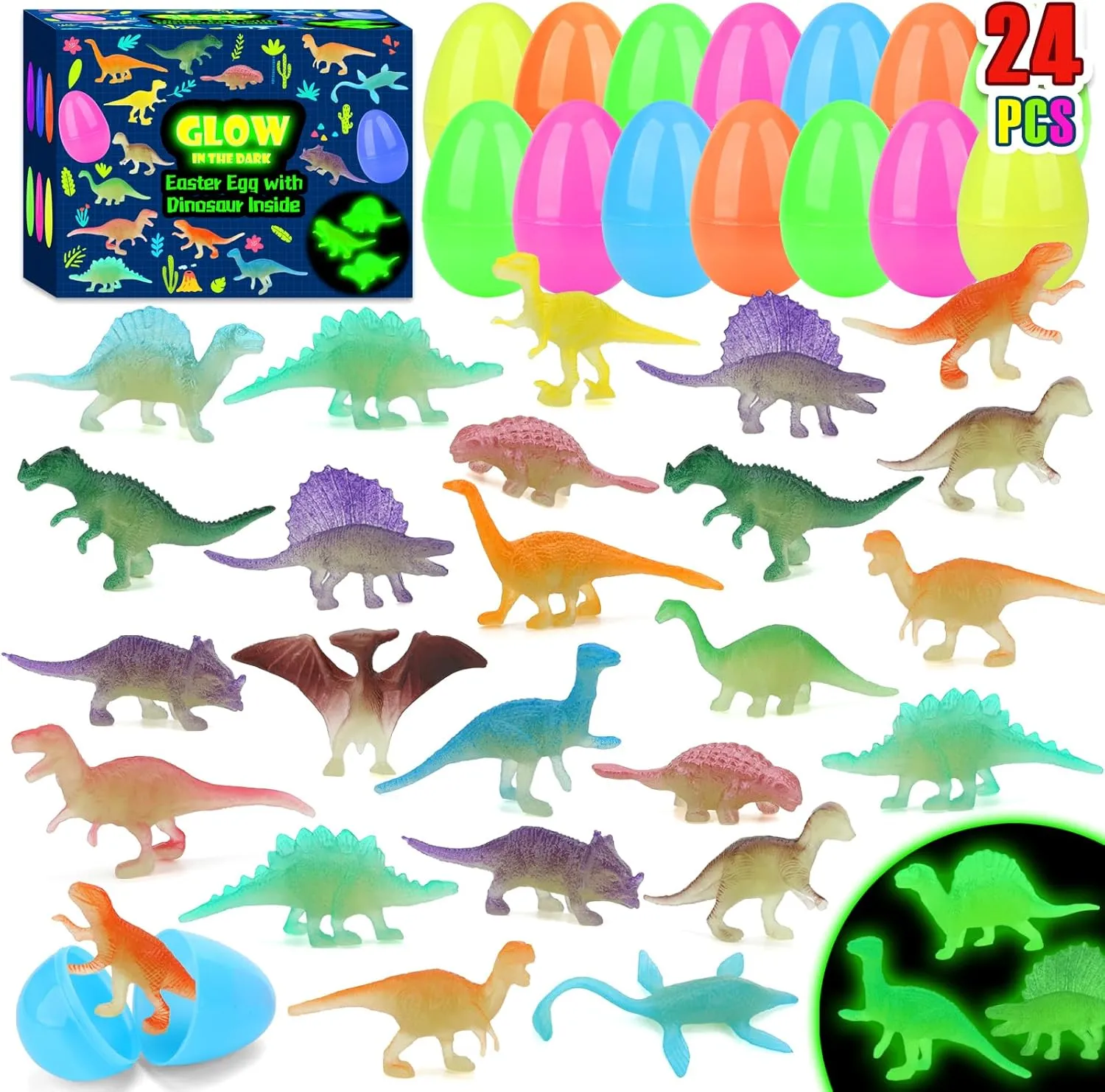 Basket Stuffers Gifts Birthday Party Favors Supplies for Kids Classroom Prizes Pinata Goodie Bag Fillers 24pcs Prefilled Easter Eggs with Glow in The Dark Dinosaur Figures Toys Inside harvester transmission frontality Easter 