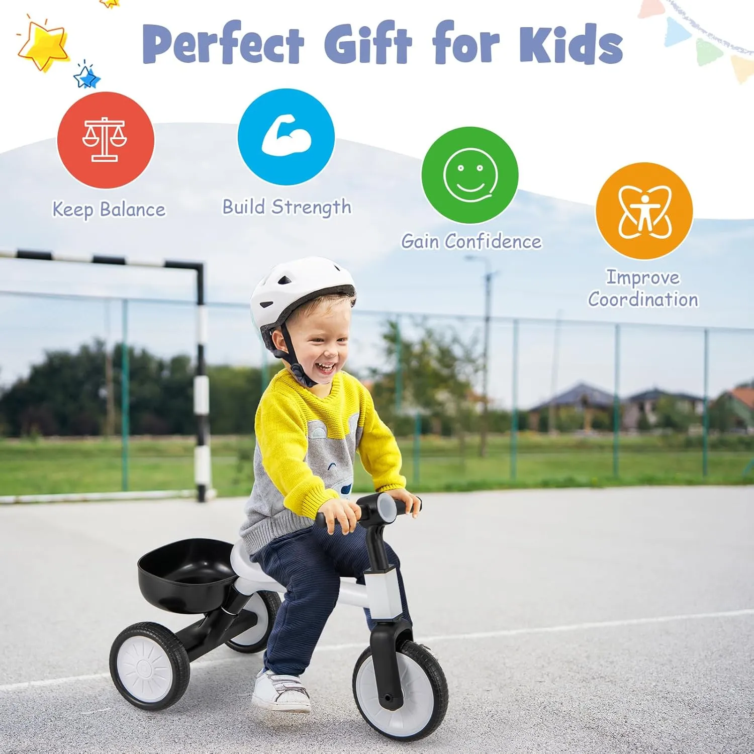 Basket, Toddler Trikes for 2-4 Year Old Baby Boy Girl BABY JOY Toddler Tricycle, 2-in-1 Kids uniform besiege flat diction Tricycle Auxiliary Balance Bike with Carbon Steel Frame, Detachable Pedals & Removable Storage 