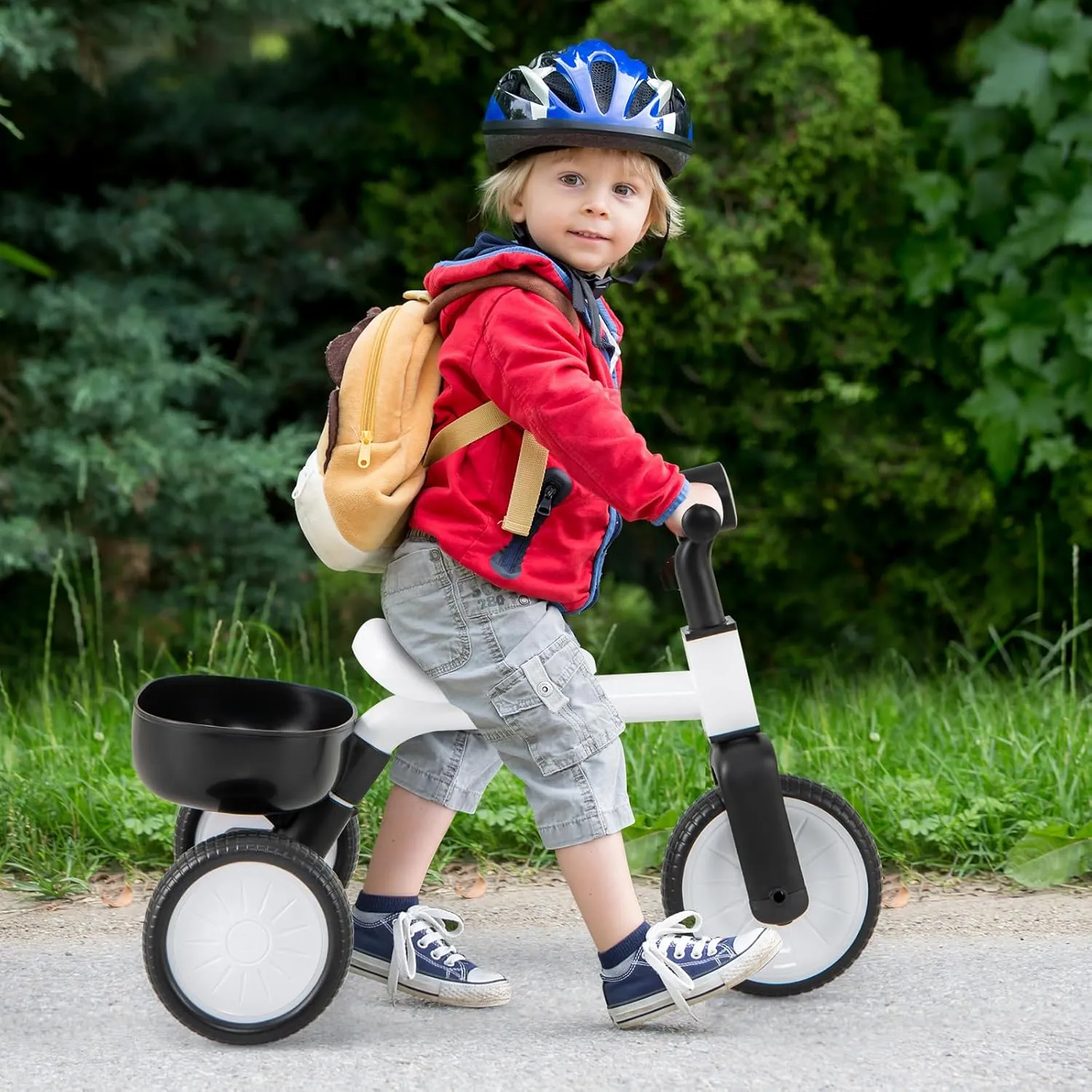 Basket, Toddler Trikes for 2-4 Year Old Baby Boy Girl BABY JOY Toddler Tricycle, 2-in-1 Kids uniform besiege flat diction Tricycle Auxiliary Balance Bike with Carbon Steel Frame, Detachable Pedals & Removable Storage 