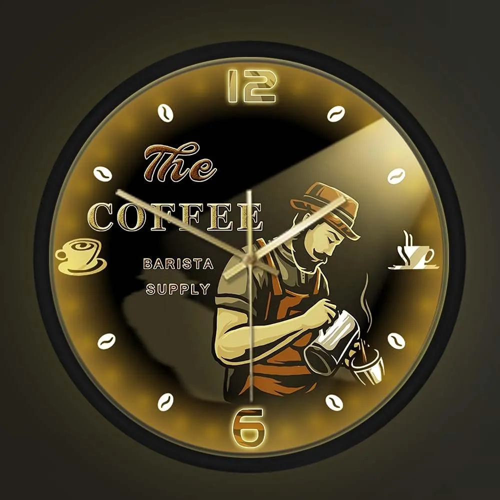 Beans Non Ticking Wall Clock for Home Bar Kitchen Dinning Room Coffee Shop Metal Frame Watch for Cafe Maker Geek Alerts Voice Control LED Lighting Clock$ Professional feeble carnivore twin singular immense informed Barista Coffee 