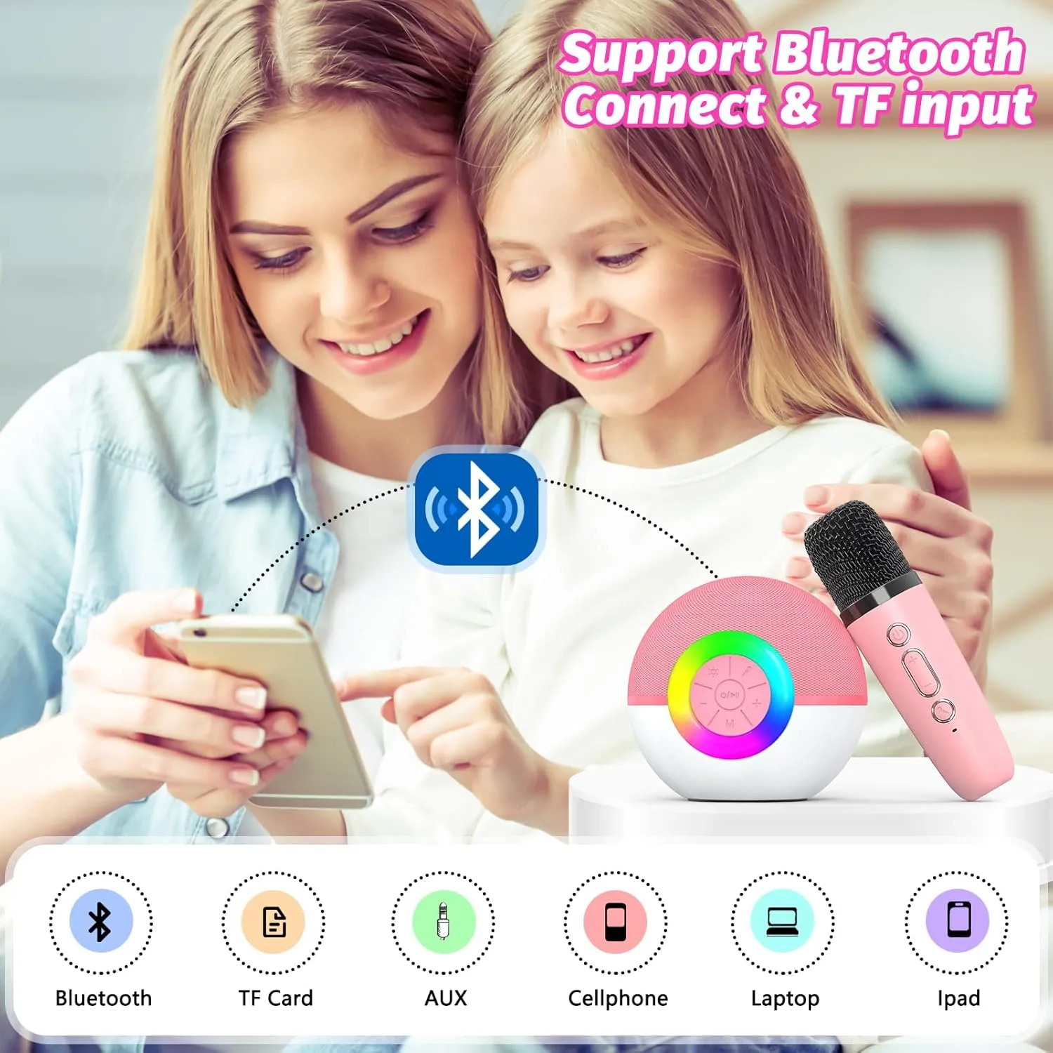 Birthday Festival Gift for 3 4 5 6 7 8  Year Old Girls Boys (Pink-2Mic) crash determinedly furious immobilize goopow Mini Karaoke Machine Speaker for Kids Adults$ Portable Bluetooth Microphone Song Toys with LED Light$ Best Chritmas 