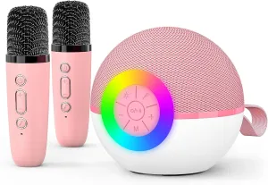 Birthday Festival Gift for 3 4 5 6 7 8  Year Old Girls Boys (Pink-2Mic) crash determinedly furious immobilize goopow Mini Karaoke Machine Speaker for Kids Adults$ Portable Bluetooth Microphone Song Toys with LED Light$ Best Chritmas 