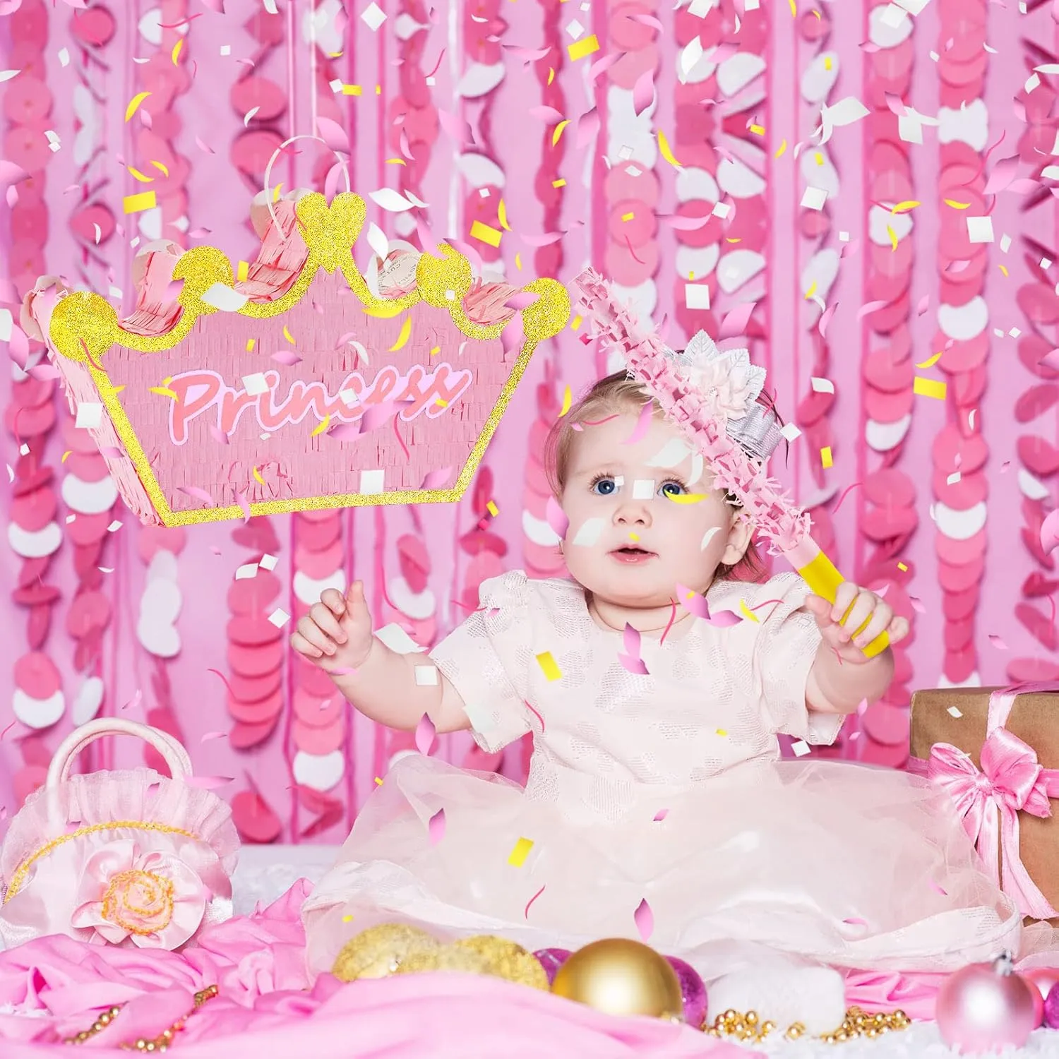 Birthday, Funny Anniversary Lewtemi Pink Princess Piñata for Girls with escutcheon Stick Blindfold and Confetti Crown Piñata for Princess Party Decorations, Photo Prop, 