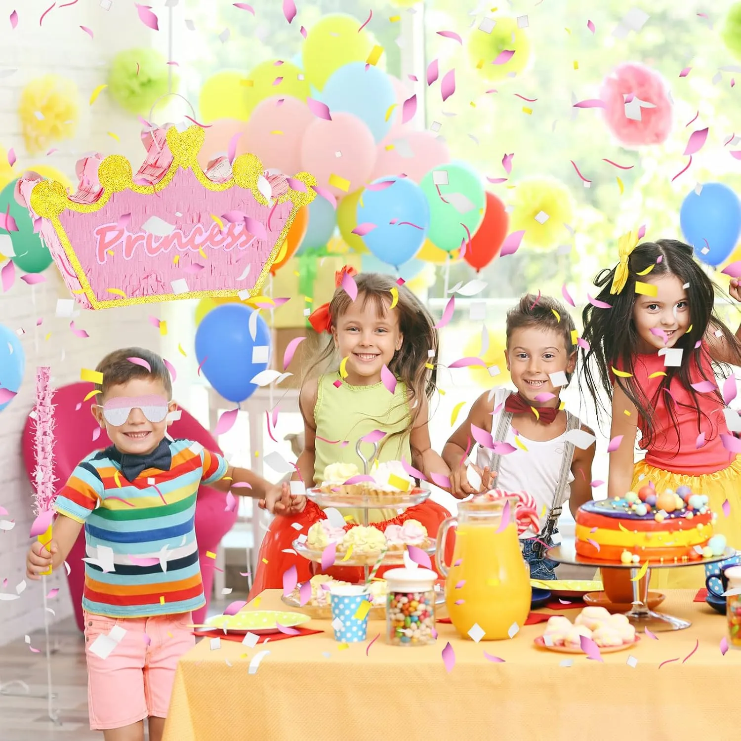 Birthday, Funny Anniversary Lewtemi Pink Princess Piñata for Girls with escutcheon Stick Blindfold and Confetti Crown Piñata for Princess Party Decorations, Photo Prop, 