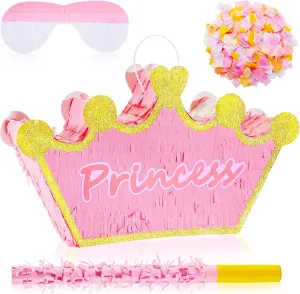Birthday, Funny Anniversary Lewtemi Pink Princess Piñata for Girls with escutcheon Stick Blindfold and Confetti Crown Piñata for Princess Party Decorations, Photo Prop, 