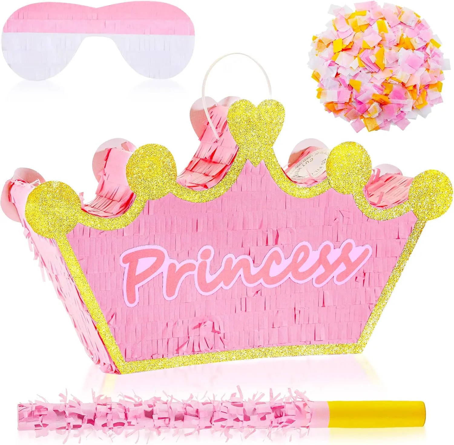 Birthday, Funny Anniversary Lewtemi Pink Princess Piñata for Girls with escutcheon Stick Blindfold and Confetti Crown Piñata for Princess Party Decorations, Photo Prop, 