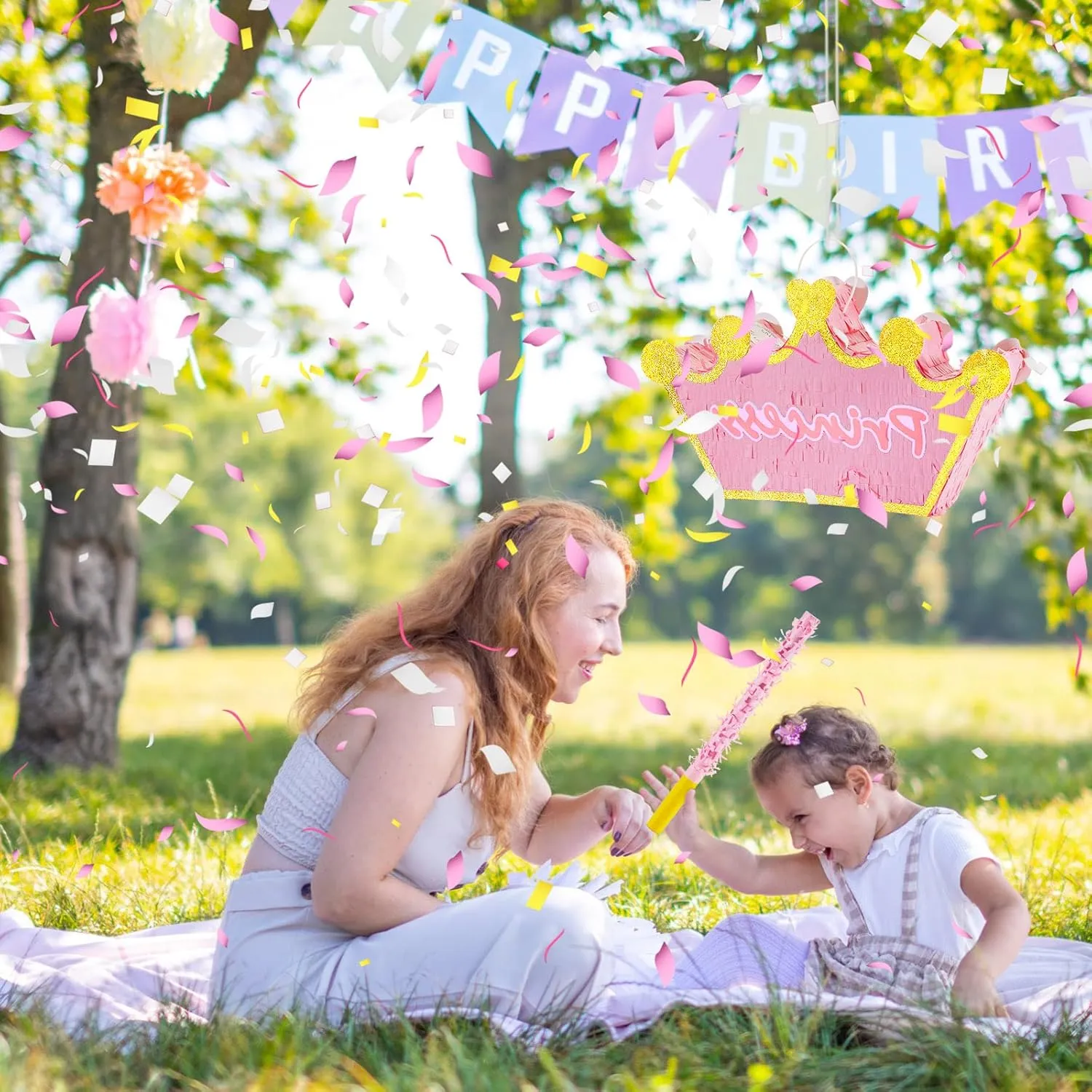 Birthday, Funny Anniversary Lewtemi Pink Princess Piñata for Girls with escutcheon Stick Blindfold and Confetti Crown Piñata for Princess Party Decorations, Photo Prop, 