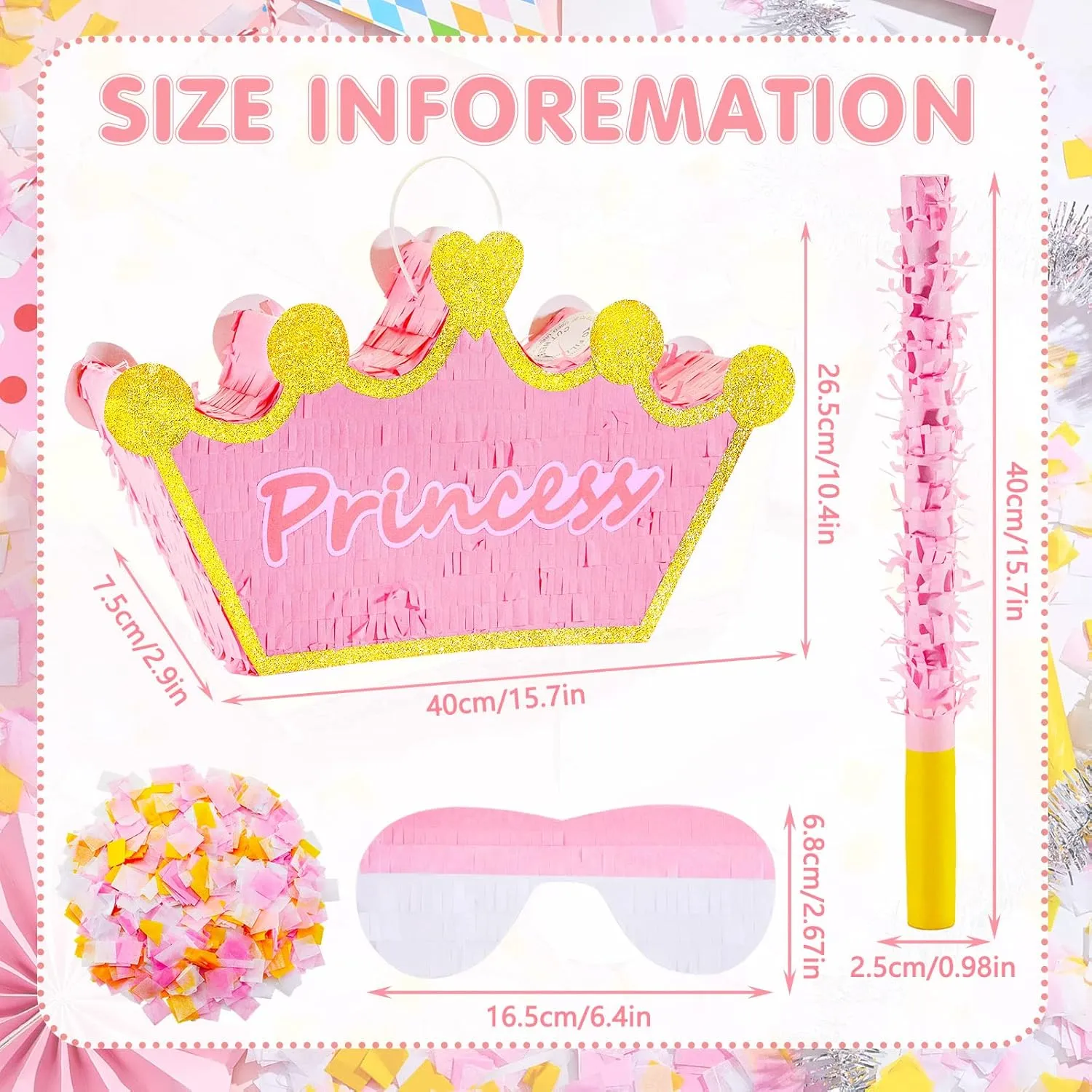 Birthday, Funny Anniversary Lewtemi Pink Princess Piñata for Girls with escutcheon Stick Blindfold and Confetti Crown Piñata for Princess Party Decorations, Photo Prop, 