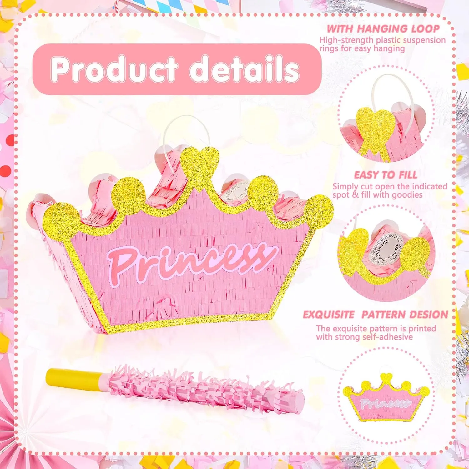 Birthday, Funny Anniversary Lewtemi Pink Princess Piñata for Girls with escutcheon Stick Blindfold and Confetti Crown Piñata for Princess Party Decorations, Photo Prop, 