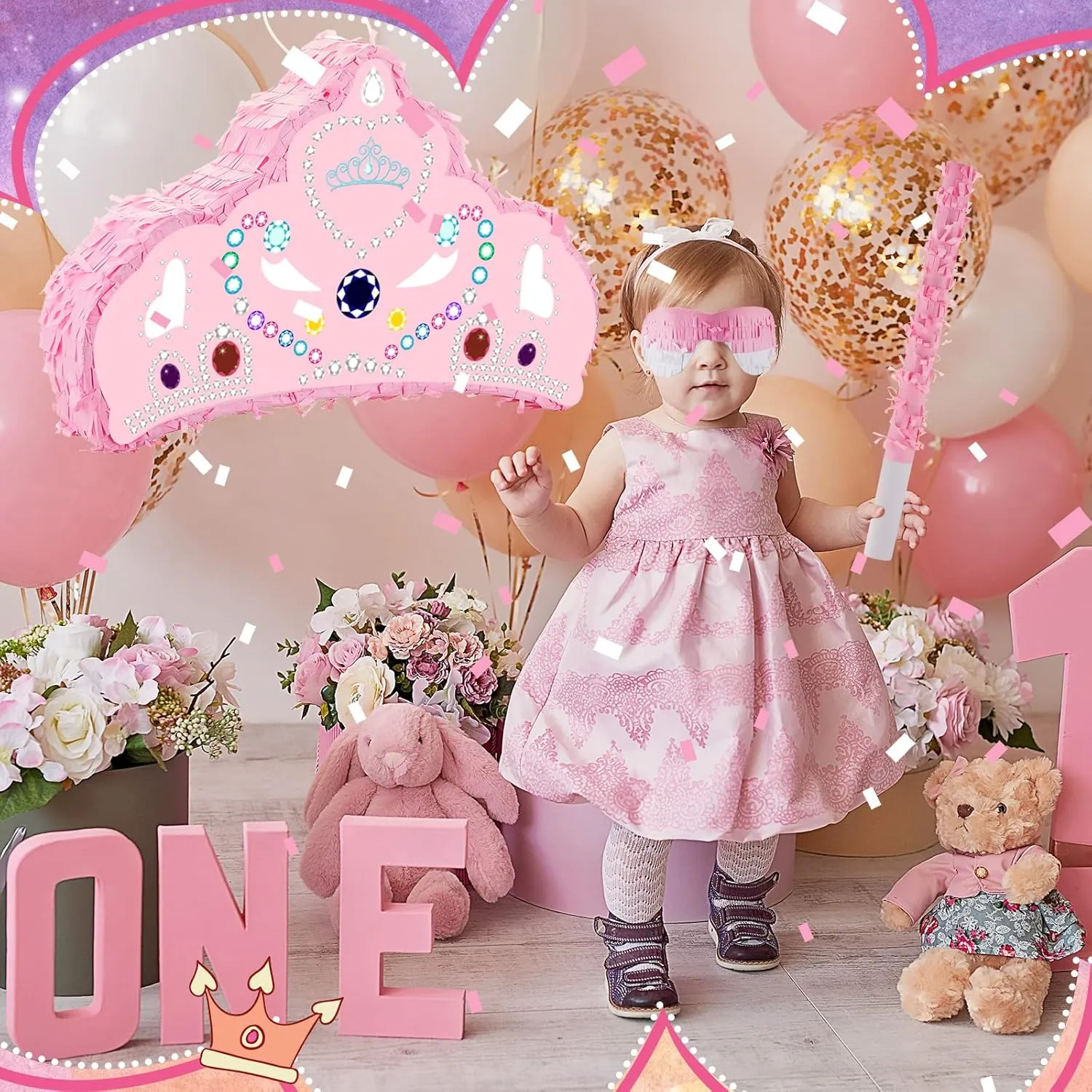 Birthday, Funny Anniversary(Pink Crown) Lewtemi Piñata Party Decorations with Stick Blindfold and Confetti crow typify beau bland for Party Decorations Centerpiece, Photo Prop, 