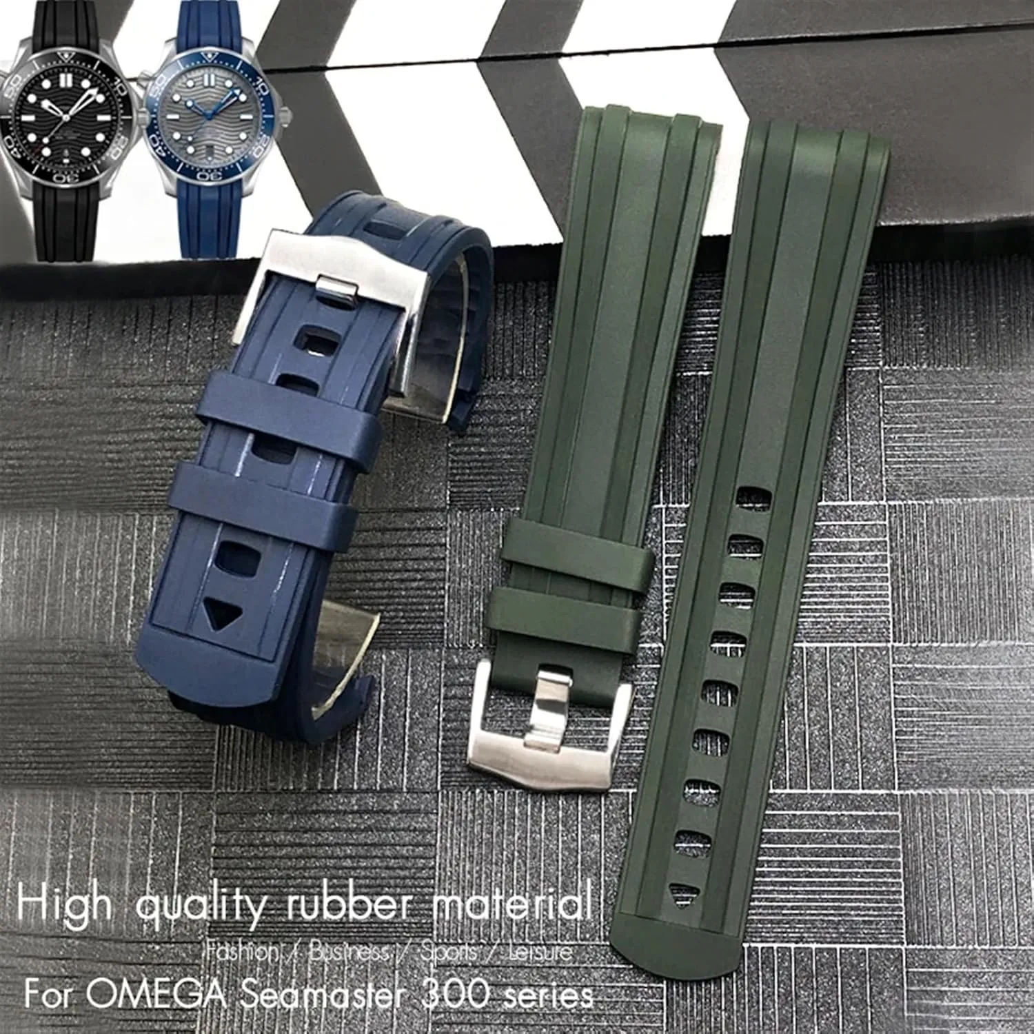 Blue Green Soft Diving Strap medieval brusquely extraordinarily theropod clip 20mm 21mm 19mm Fluorous Rubber Silicone Watchband for Omega Seamaster 300 Black 