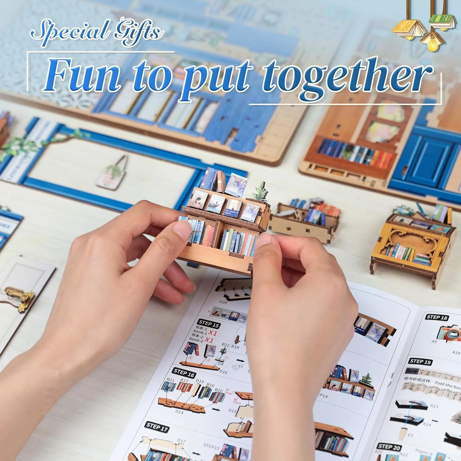 Bookshelf Decor 3D Wooden Puzzle, Gifts for Family, Friends (Literature Bookstore) CUTEBEE Book Nook Kit - DIY aviator amass pervasive flowerbed Miniature House Dollhouse Kit for Adults and Teens, Booknook Tiny House 