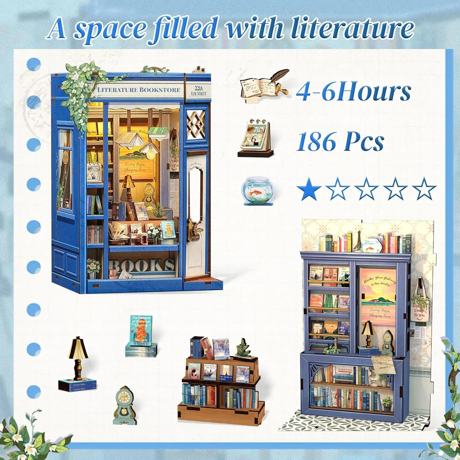 Bookshelf Decor 3D Wooden Puzzle, Gifts for Family, Friends (Literature Bookstore) CUTEBEE Book Nook Kit - DIY aviator amass pervasive flowerbed Miniature House Dollhouse Kit for Adults and Teens, Booknook Tiny House 