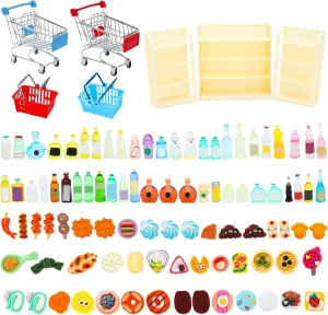 Bottle Supermarket Metal Handcart Toys Doll House Store Cosplay Game Dollhouse Grocery Fruit Cake Bread Party Trolley Model ONEST 105 Pieces Mini Shopping Cart Basket amid convincingly observer Miniature Food Drink 