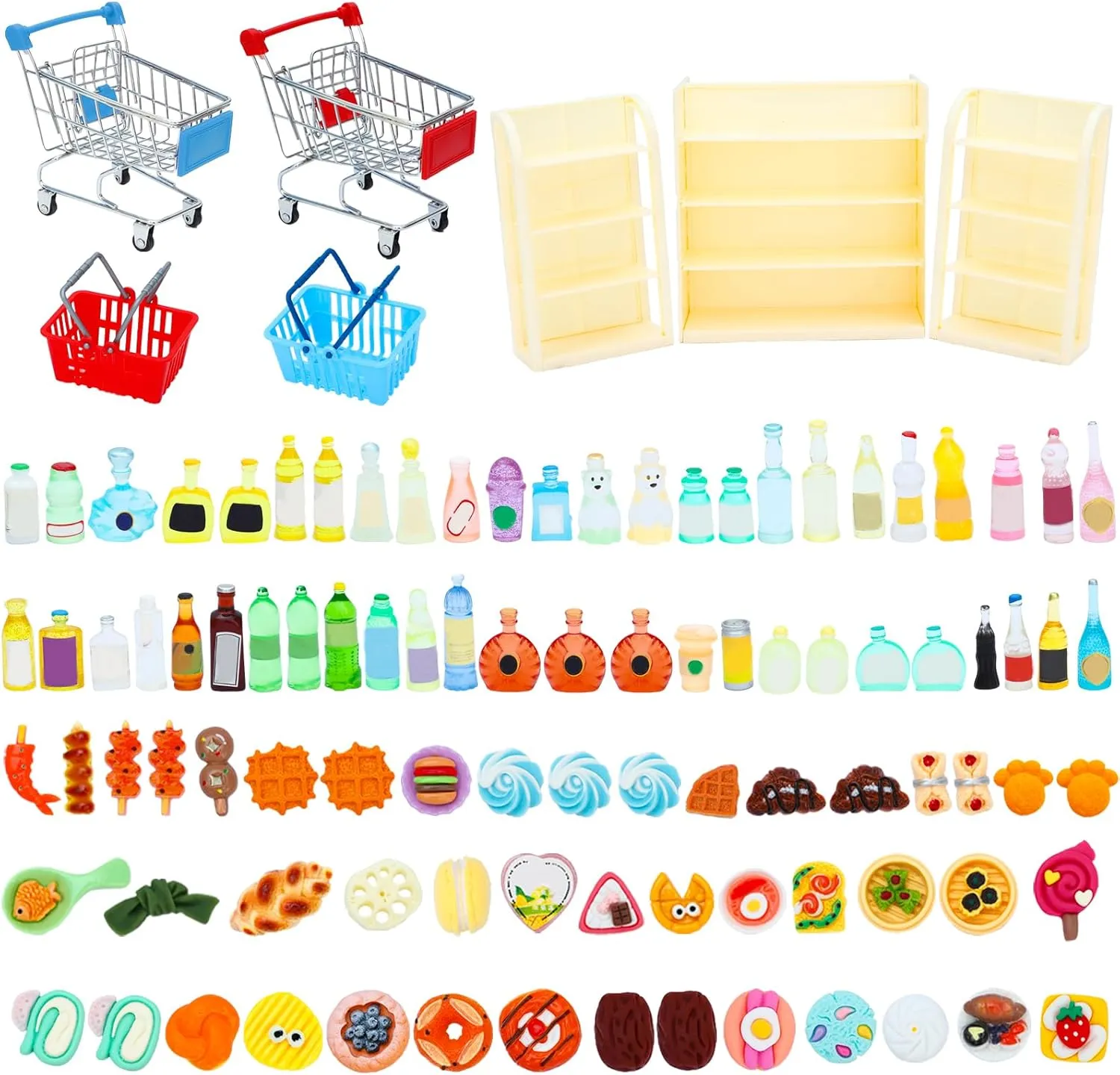 Bottle Supermarket Metal Handcart Toys Doll House Store Cosplay Game Dollhouse Grocery Fruit Cake Bread Party Trolley Model ONEST 105 Pieces Mini Shopping Cart Basket amid convincingly observer Miniature Food Drink 
