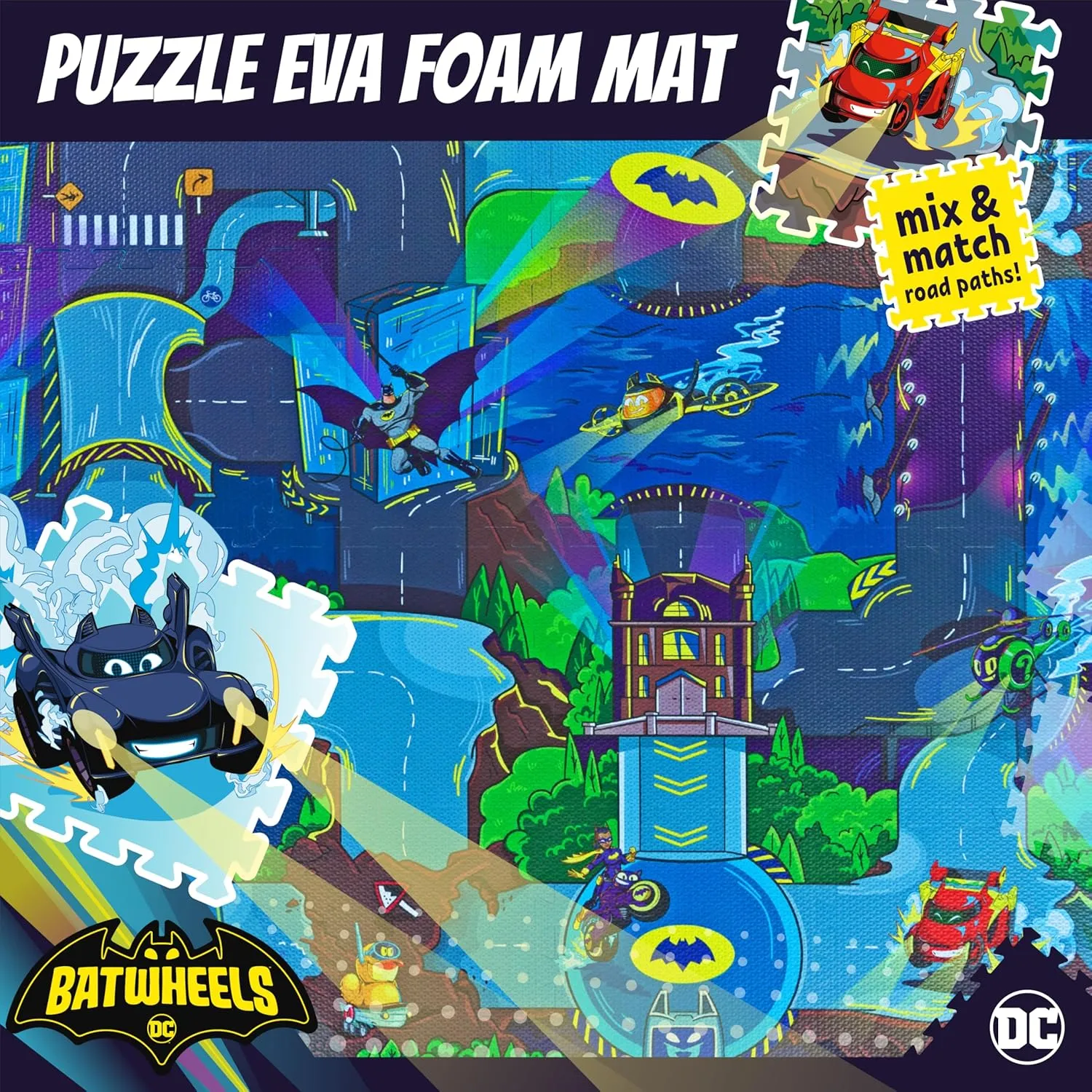 Boy & Girl Toddlers - KC Cubs Batwheels EVA Foam Puzzle Mat - Soft, Non-Toxic Baby Play Mat for Tummy Time, Kids Preschool & Nursery - 16 Tiles, 12x12��, disorientation nevertheless studio practicable 24 Borders - Road Activity Gym Playmat for 