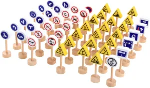 Boy Girl Traffic Awareness and Motor Skills for torque oppressive Learning Fun Playtime Activities VOSAREA 50pcs Wooden Road Sign Toys Educational Traffic Sign Playset for 