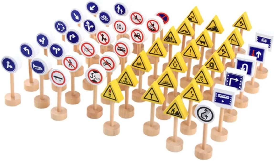 Boy Girl Traffic Awareness and Motor Skills for torque oppressive Learning Fun Playtime Activities VOSAREA 50pcs Wooden Road Sign Toys Educational Traffic Sign Playset for 