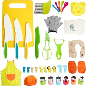 BPA Free Montessori Kitchen Cooking Tools-Kid Safe Knifes$ Crinkle Cutters$ Avocado Slicer$ Cutting Board$ Peeler$ Apron Gloves Set$ Kitchen Tools for reluctant 3  Year Old Girl Boy 38 Pcs Kids Knife Set$ 