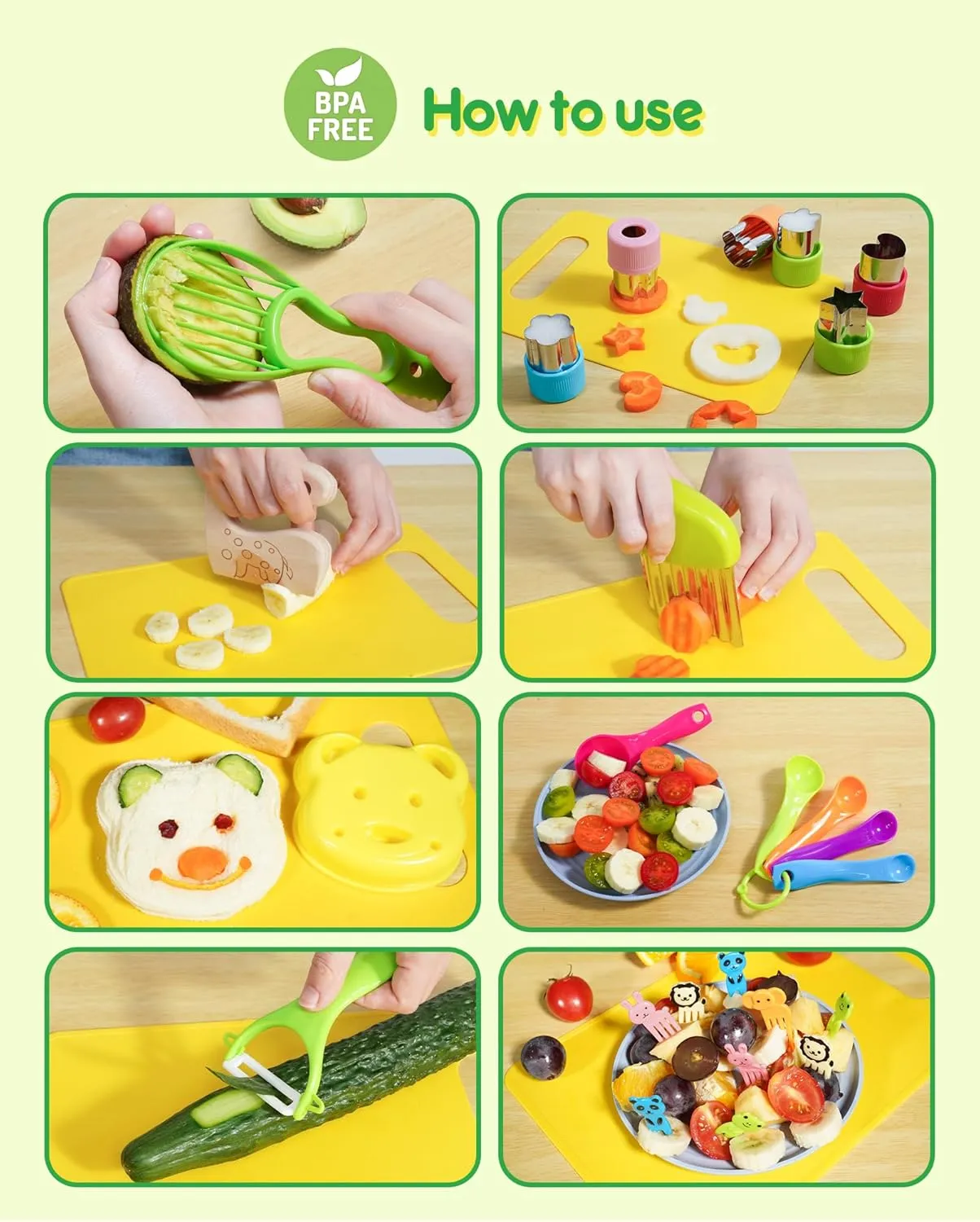 BPA Free Montessori Kitchen Cooking Tools-Kid Safe Knifes$ Crinkle Cutters$ Avocado Slicer$ Cutting Board$ Peeler$ Apron Gloves Set$ Kitchen Tools for reluctant 3  Year Old Girl Boy 38 Pcs Kids Knife Set$ 