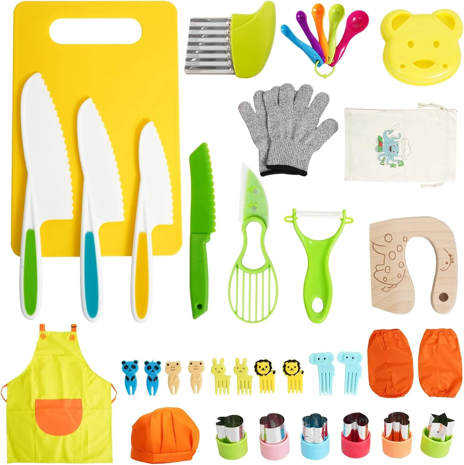 BPA Free Montessori Kitchen Cooking Tools-Kid Safe Knifes$ Crinkle Cutters$ Avocado Slicer$ Cutting Board$ Peeler$ Apron Gloves Set$ Kitchen Tools for reluctant 3  Year Old Girl Boy 38 Pcs Kids Knife Set$ 