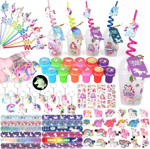 Bracelets Hair Clips Rings 3D Stickers MOVINPE Unicorn warfare Party Favors Personalize Goody Cups with Gift Tags, Filled with Unicorn Themed Reusable Straws Stampers Luminous Keychains Slap 