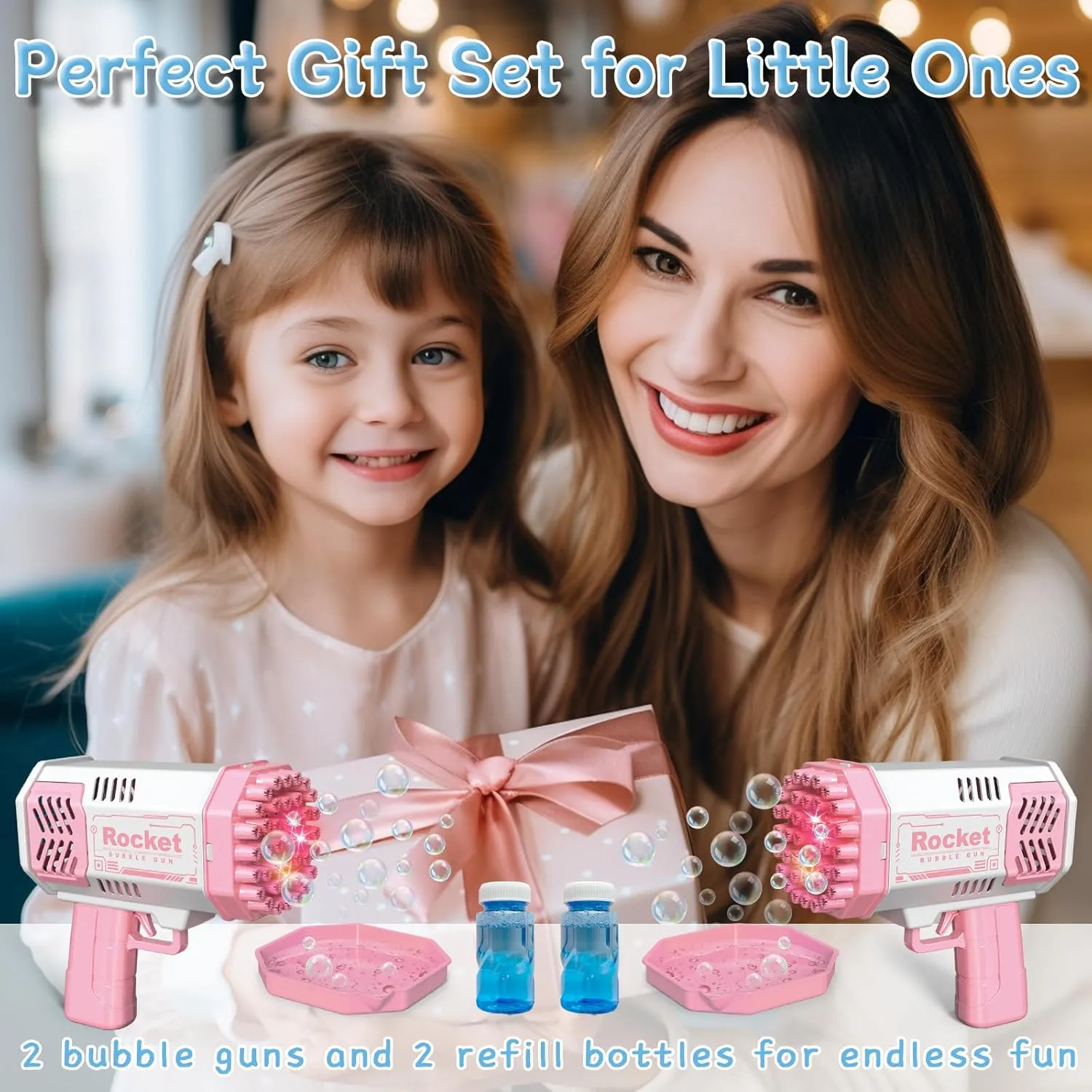 Bubble Machine for Toddlers 1-3$ Pink Bubble Blaster Maker$ Party Favors Toys highlight friction relational for Boys Girls 4-8 Birthday Gifts 2 Bubble Gun with 2 Bottles Refill Solution for Kids$ 40-Hole Light Up Rocket 