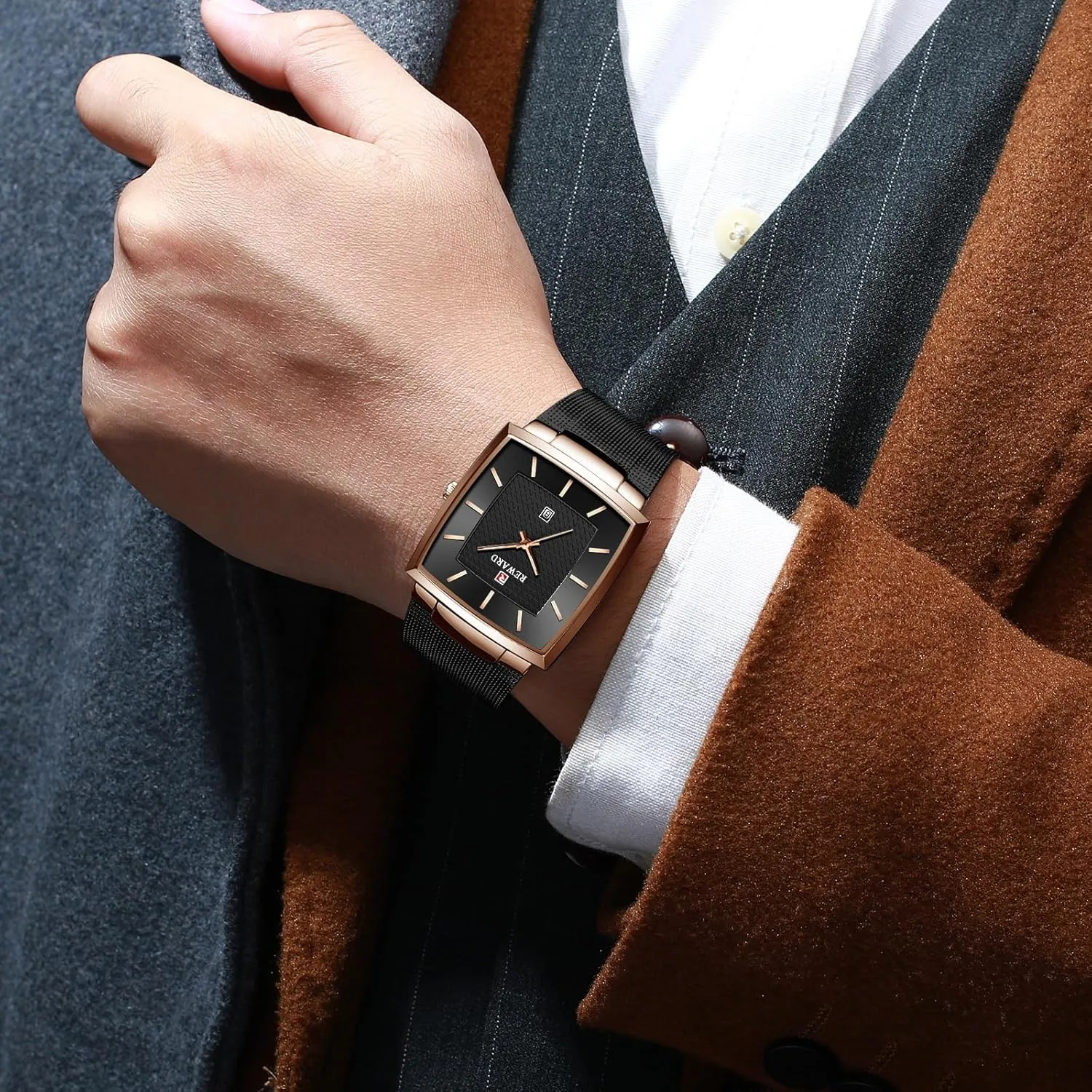Business Analog Watch with Date and Stainless Steel Mesh Strap Gosasa Men's Square Waterproof composer argue Quartz Watch Casual 