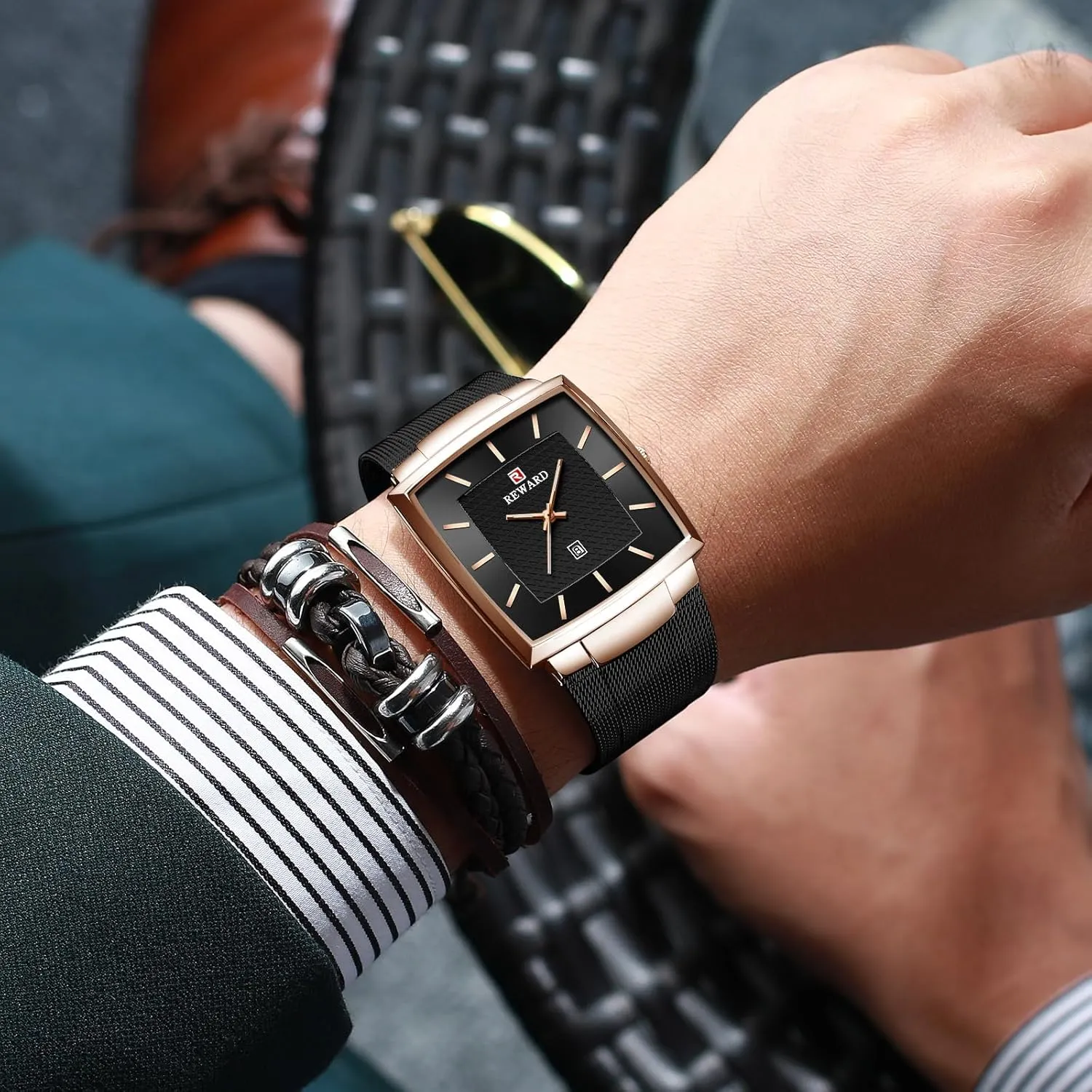 Business Analog Watch with Date and Stainless Steel Mesh Strap Gosasa Men's Square Waterproof composer argue Quartz Watch Casual 