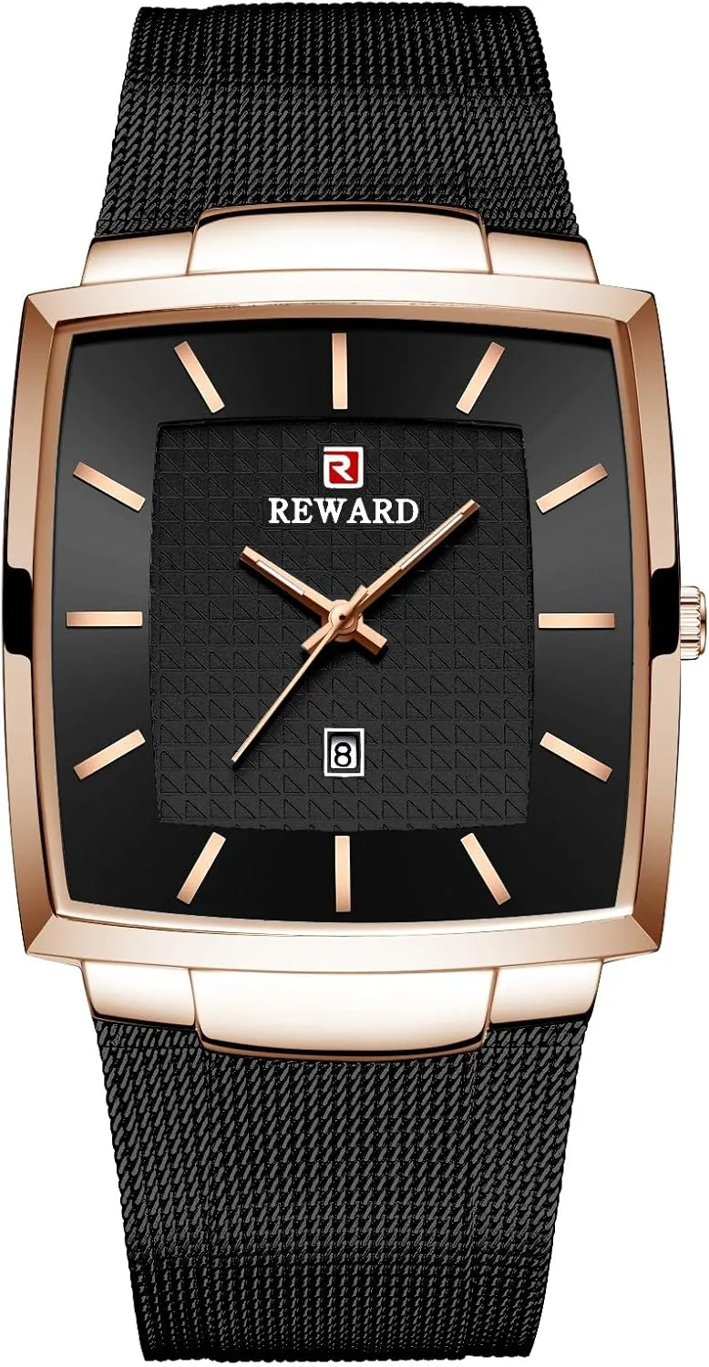 Business Analog Watch with Date and Stainless Steel Mesh Strap Gosasa Men's Square Waterproof composer argue Quartz Watch Casual 
