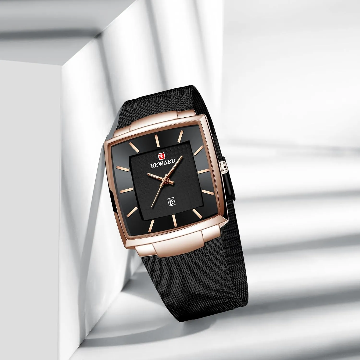 Business Analog Watch with Date and Stainless Steel Mesh Strap Gosasa Men's Square Waterproof composer argue Quartz Watch Casual 