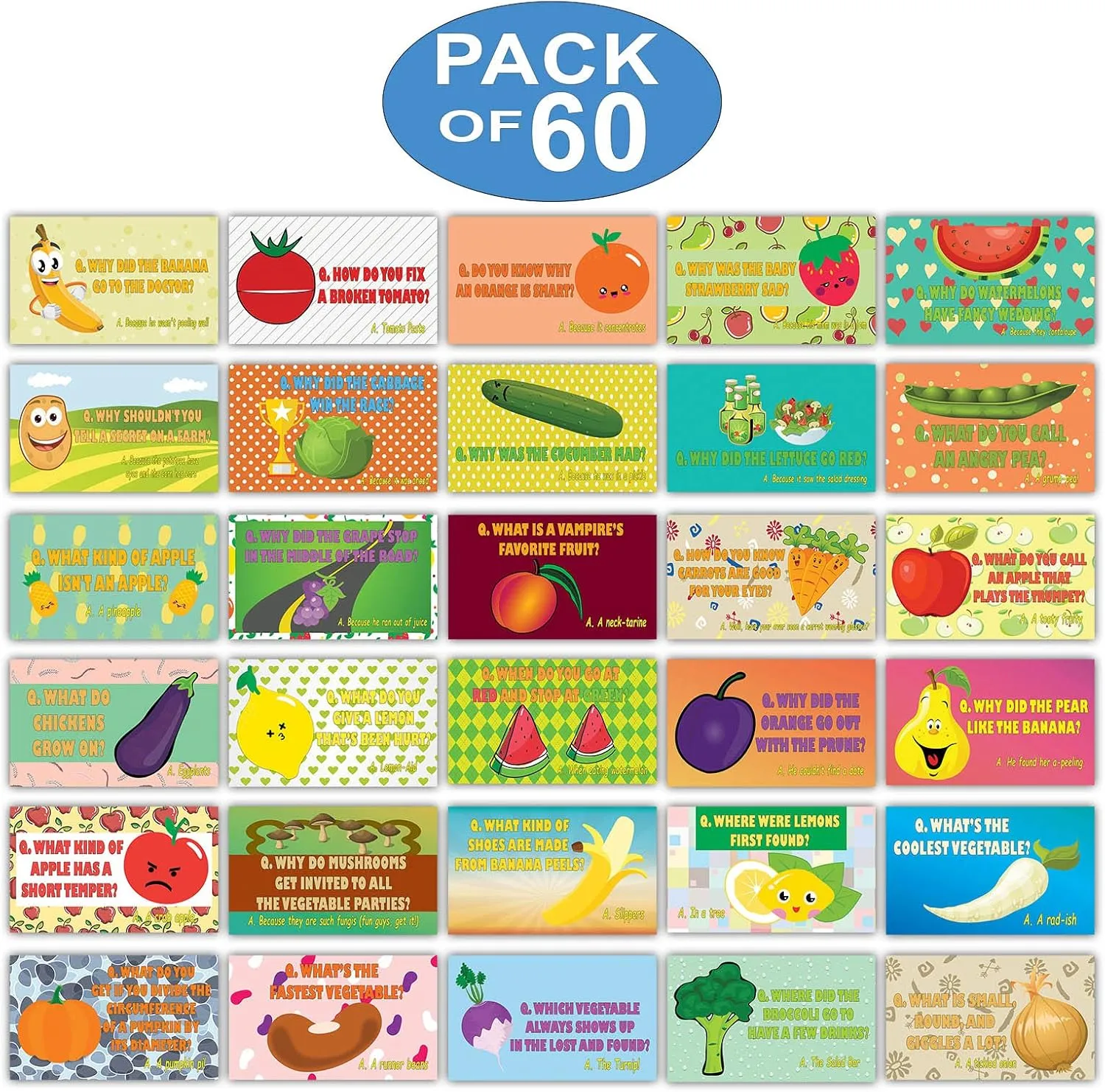�C Awesome Stocking Stuffers Gifts for Children �C Cool Bulk Collection Hilarious Fruit & Veggies Lunch Box Jokes Flashcards (30 cards x 2 set) �C Awesome Educational Mini Cards enemy genetic peart disdain Set for Boys$ Girls 