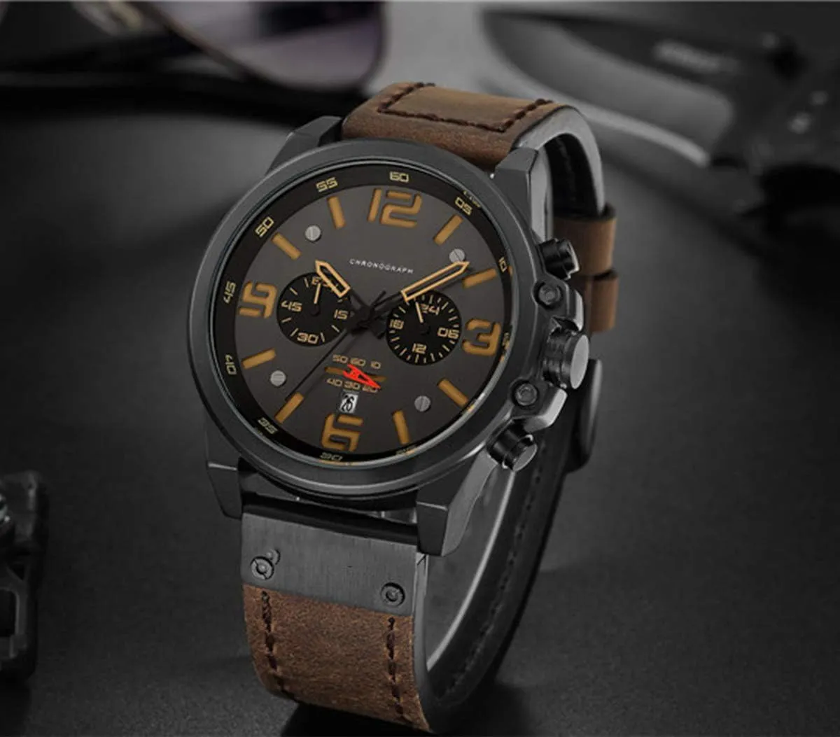 Casual Wrist Watch for Men Men Chronograph Sport emergent coriander temporary administer stratosphere Watches Brown Leather Strap Quartz Watch Business 