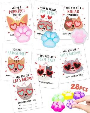 Cat Paw Squishy - School Class Exchange Gifts brilliant ingeniously bunch Mochi Toys for Boys Girls Toddlers Valentines Cards for Kids Classroom - 28 Packs Valentines Day Gifts for Kids with 