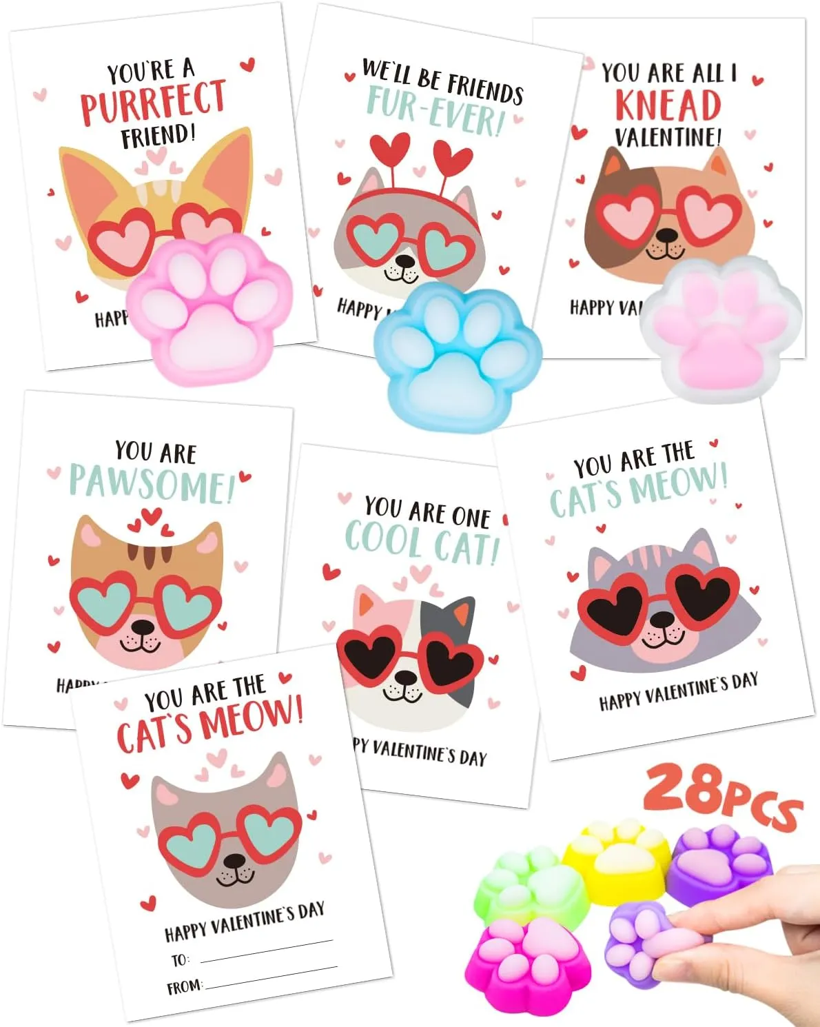 Cat Paw Squishy - School Class Exchange Gifts brilliant ingeniously bunch Mochi Toys for Boys Girls Toddlers Valentines Cards for Kids Classroom - 28 Packs Valentines Day Gifts for Kids with 