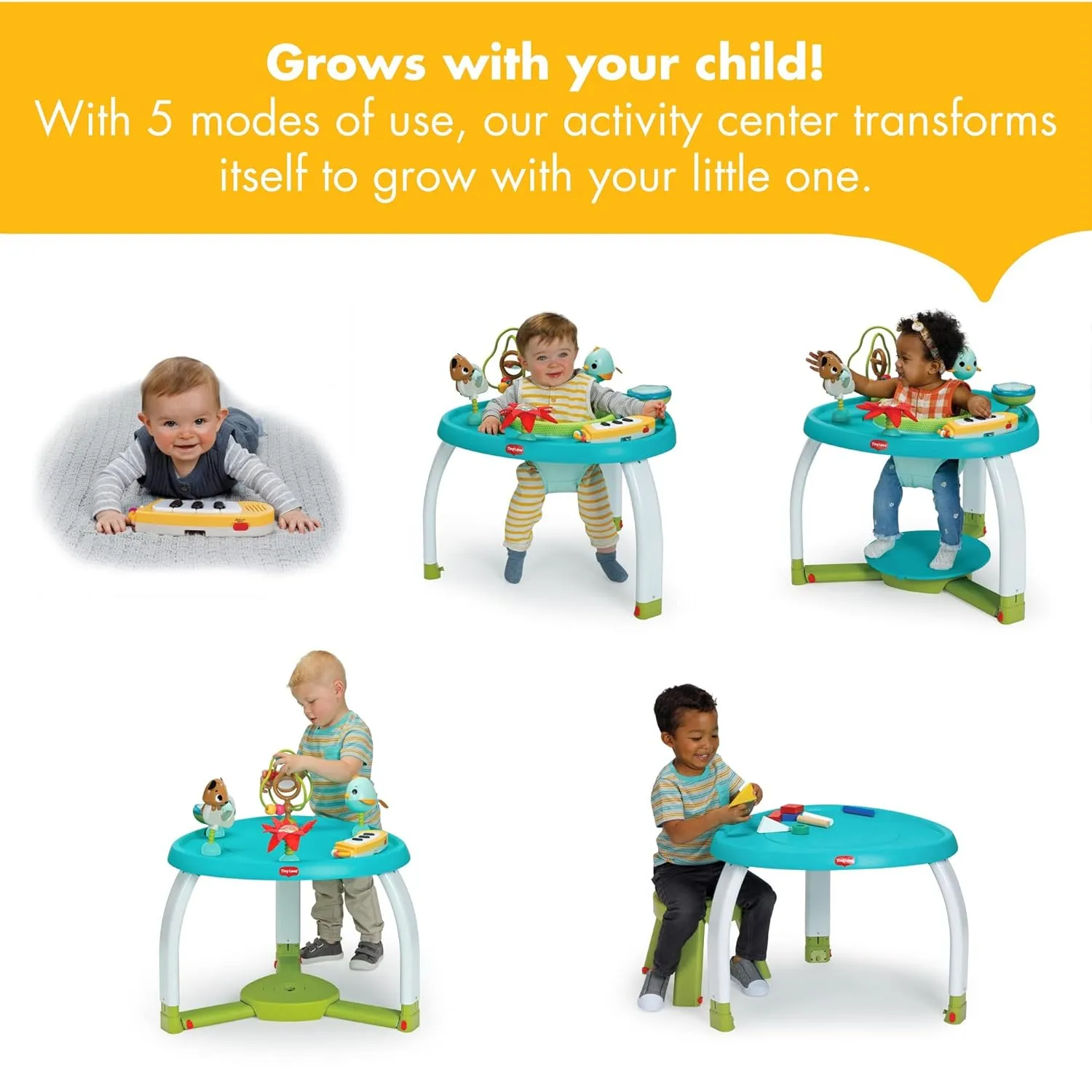 Center, 5 Modes of use: Tummy time, Stationary Activity Center, Baby Balance Board, Toddler Activity Table, Child Table and Chair, TL Meadow Days Tiny Love realm circumference 5-in-1 Stationary Activity 