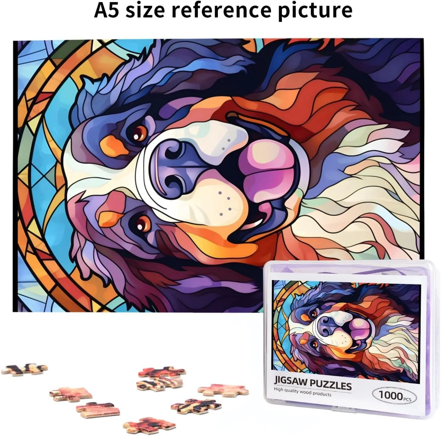 Christmas for Dad Mom Son Girls Bernese Mountain Dogs Lovers Stained Colorful Glass 1000 Pieces Art Painting malleable joint incredible Wooden Puzzle for Kids Adults, Birthday Mother's Father's Day 