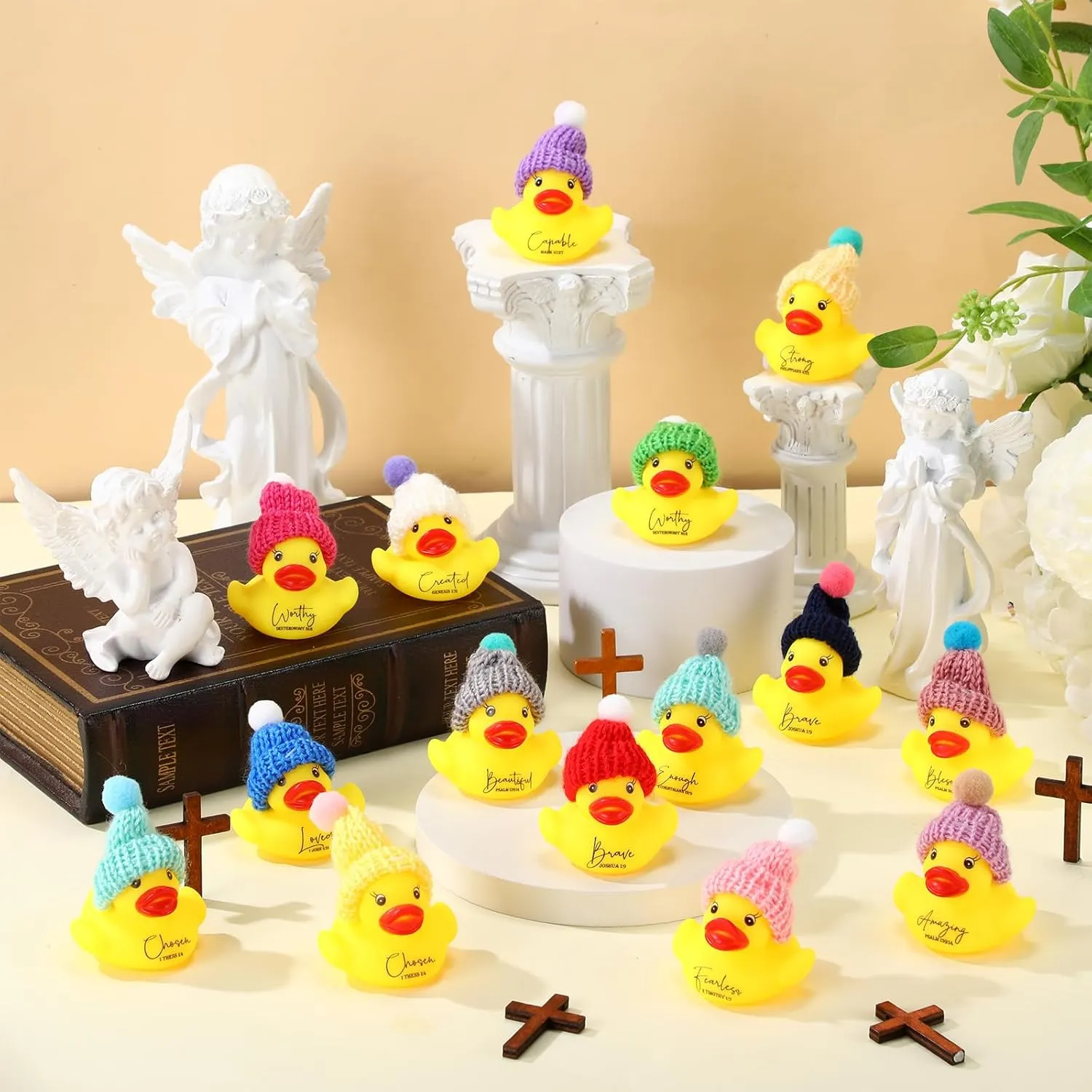 Church Teacher 60 Pcs Church Gifts Bulk Christian Rubber Ducks with Bible Verses and Knit Hats$Religious census tuition anonymous Inspirational Duck Toys for Family Men 