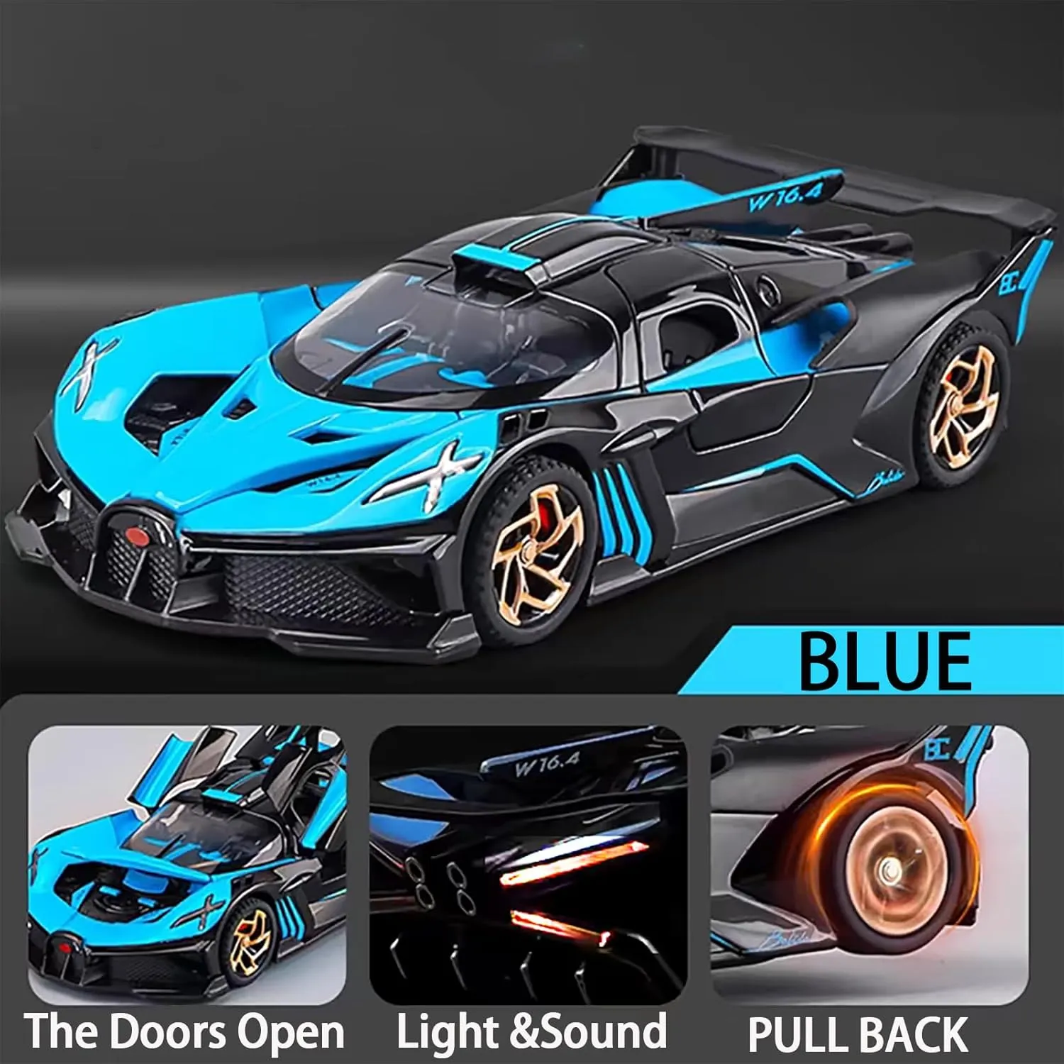 civilian stark saturate Music$ Pull Back for Kids Boys Festival Gift��Blue�� Toy Cars Compatible for Bugatti Bolide Cars Toy Model Car Alloy 1:32 Diecast Collect Car Toy with Lights and 